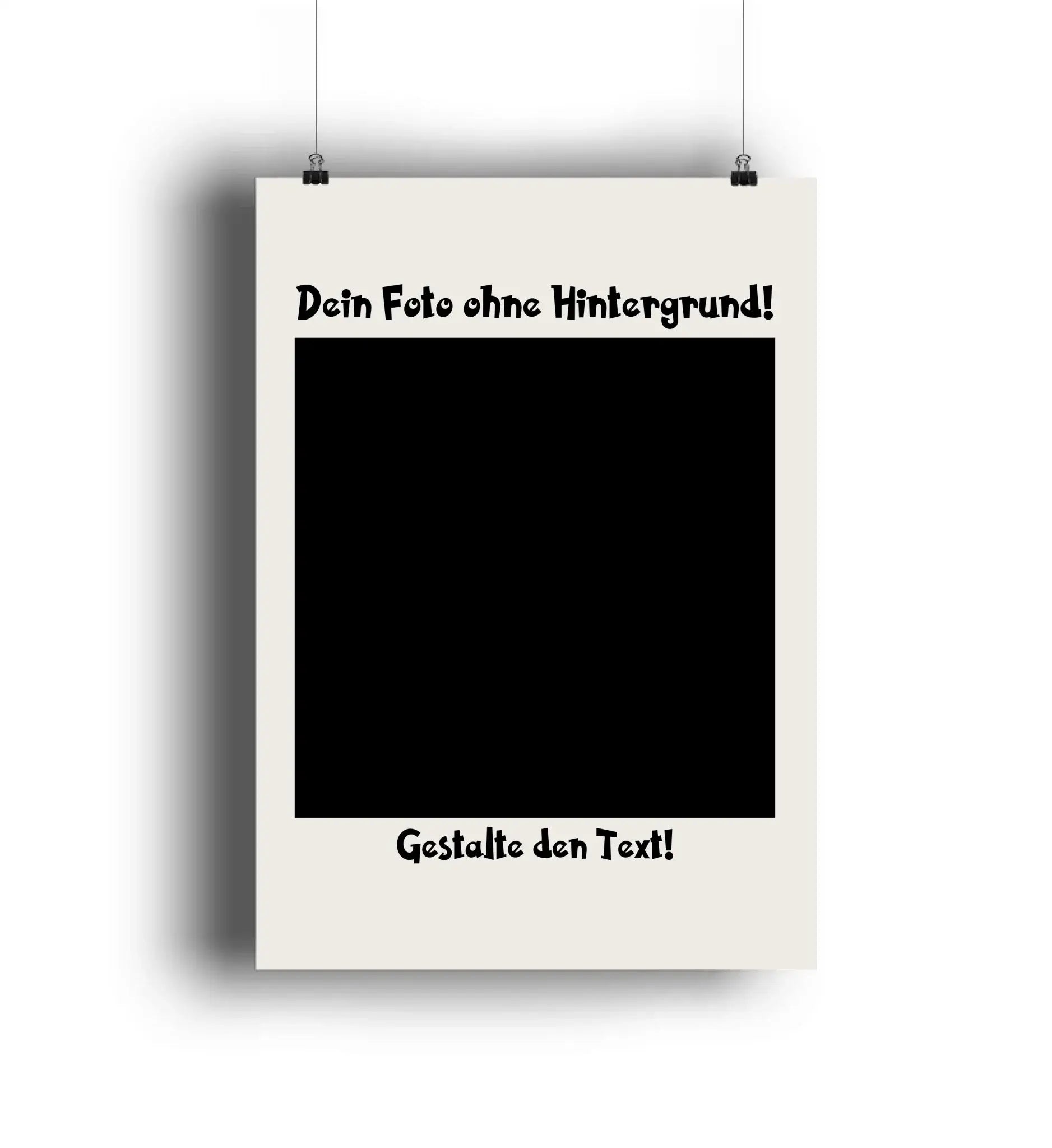Creamfarbener poster mit schwarztext und mittlerem schwarzen rechteck hängend mit clips aus der statement-collection