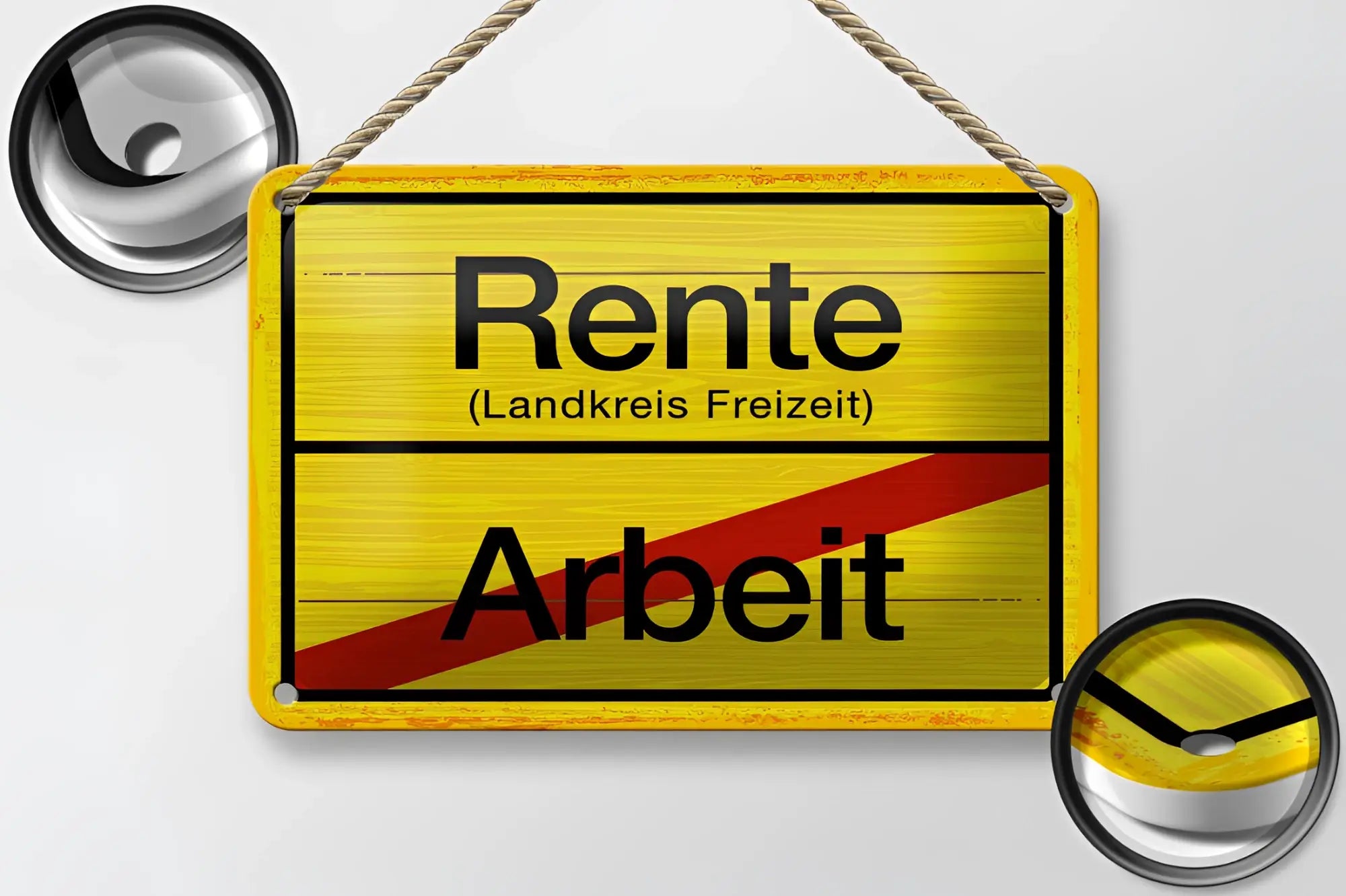 Gelbes blechschild 20x30cm mit schwarzem text rente landkreis freizeit arbeit und rotem diagonalstreifen