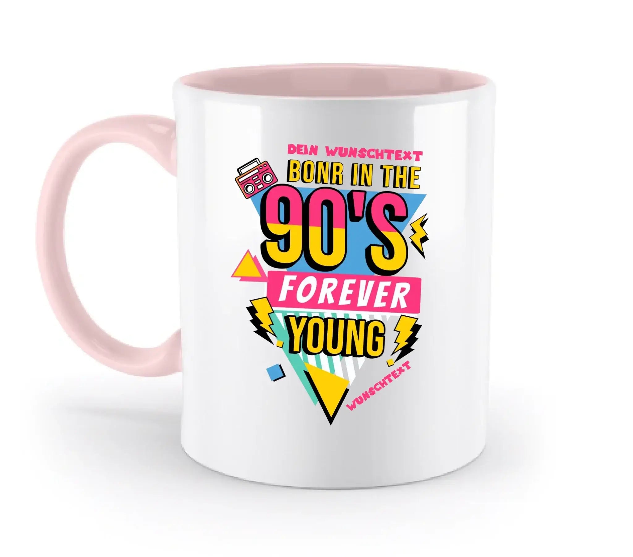 Weiß keramiktasse mit pinkem henkel und innenfarbe mit buntem 90er jahre retro design aus der statement-collection