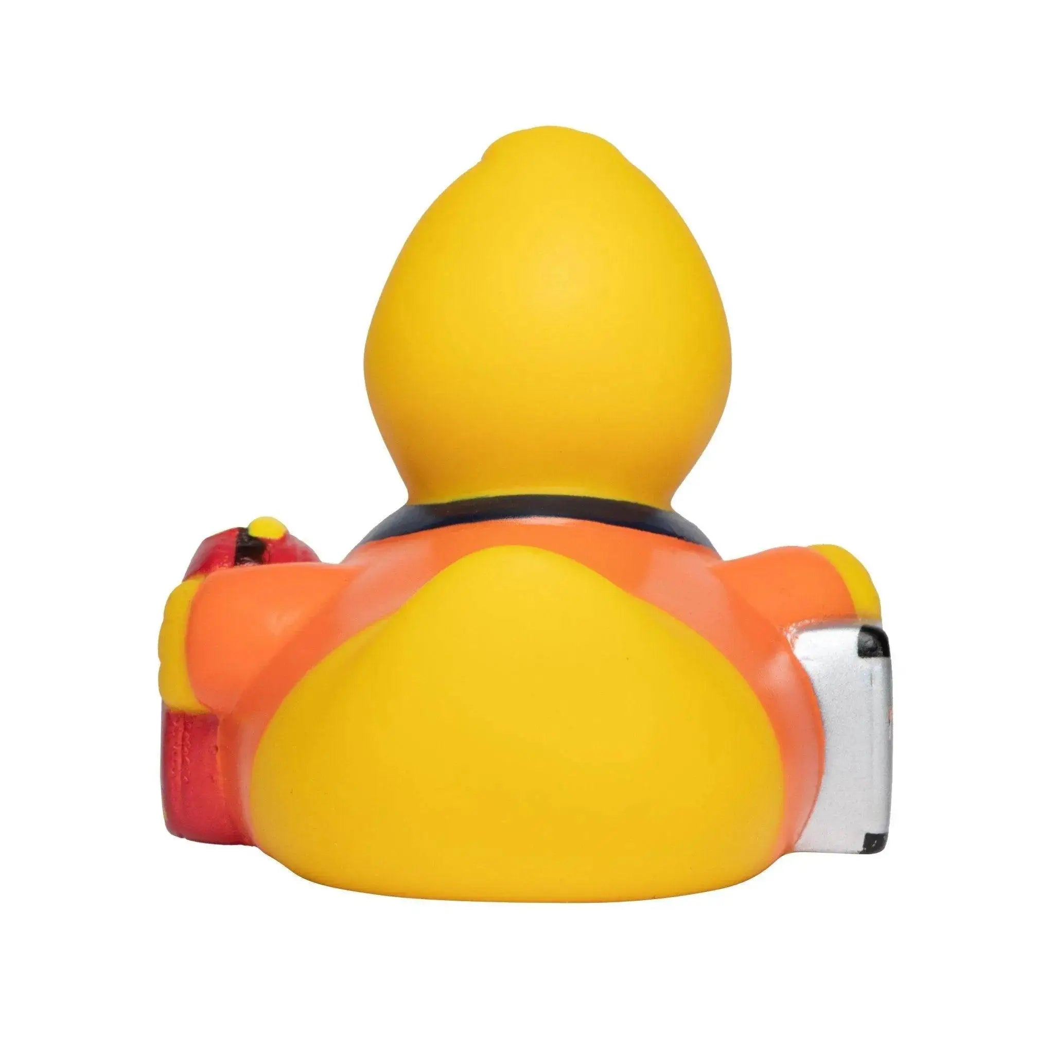 Gelbe rettungssanitäter badente mit orangen und roten kamera-accessoires aus gummi für bade spaß
