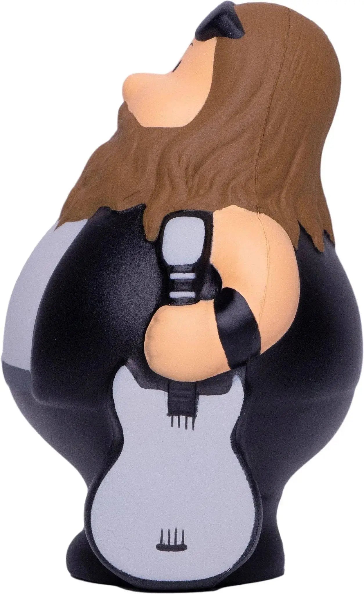 Rockstar bert anti-stress-quetsch-figur braunhaarige gummiente mit gitarre in schwarz-grauem outfit