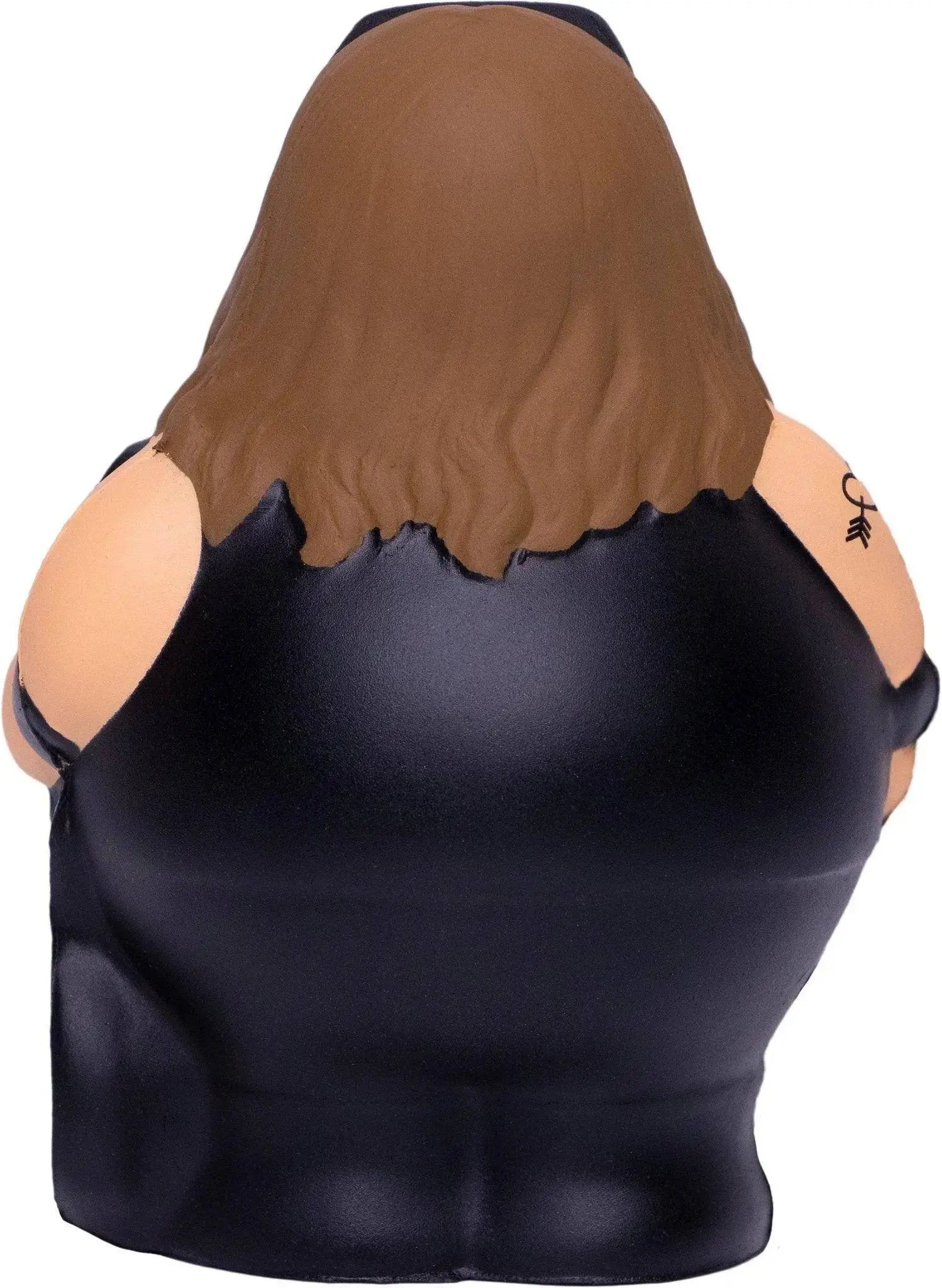 Rockstar bert anti-stress-quetsch-figur schwarze vinylfigur frau mit langen braunen haaren und tattoo auf linker schulter