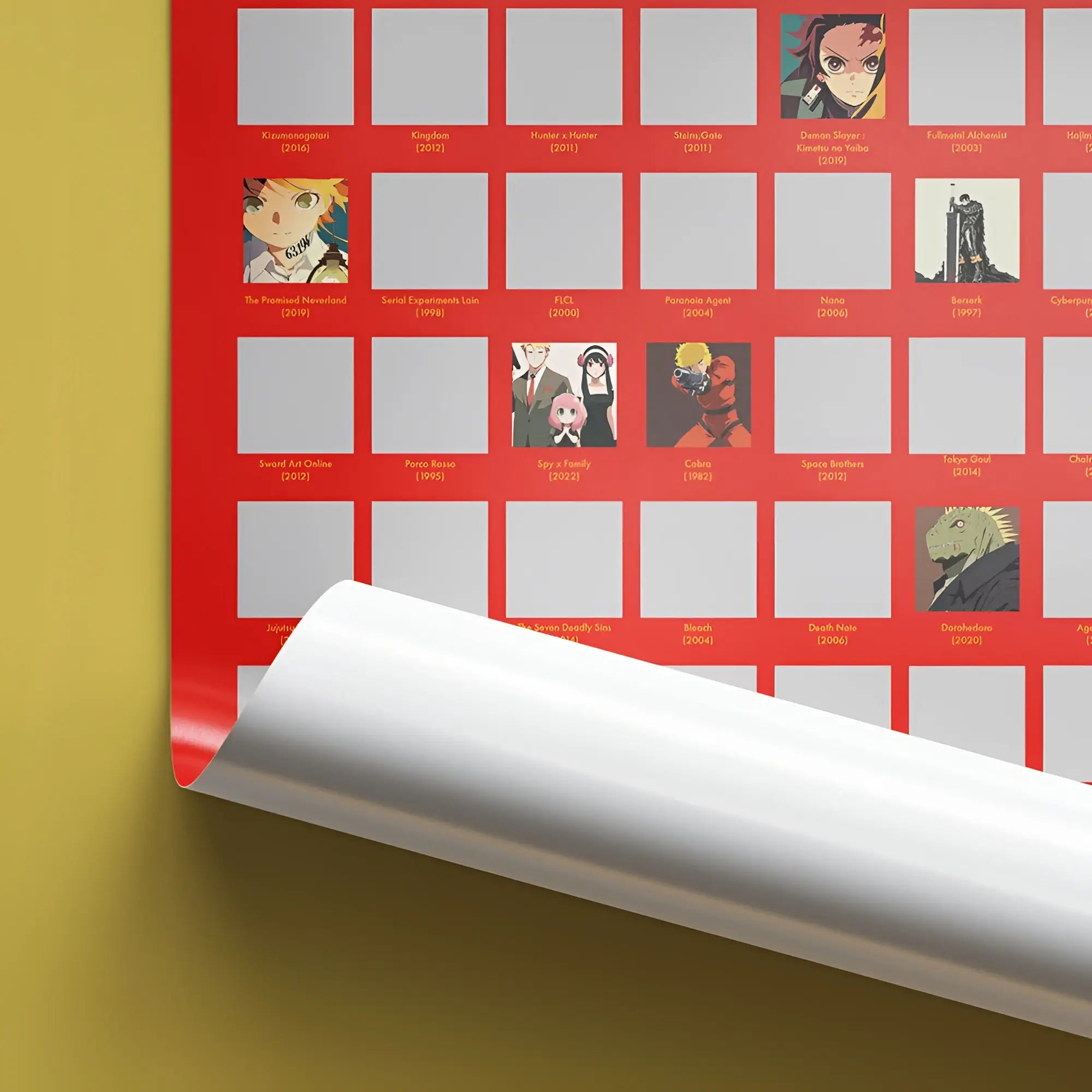 Roter anime rubbelposter mit 100 charakteren aus beliebten serien zum freirubbeln und entdecken