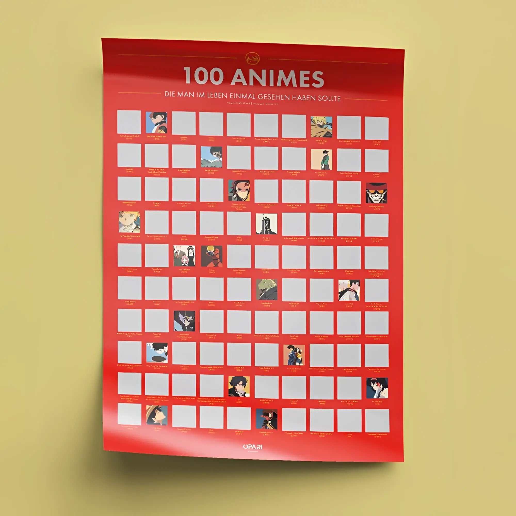 Rotes rubbelposter 100 anime mit grid aus charakter thumbnails zum freirubbeln deutsche version