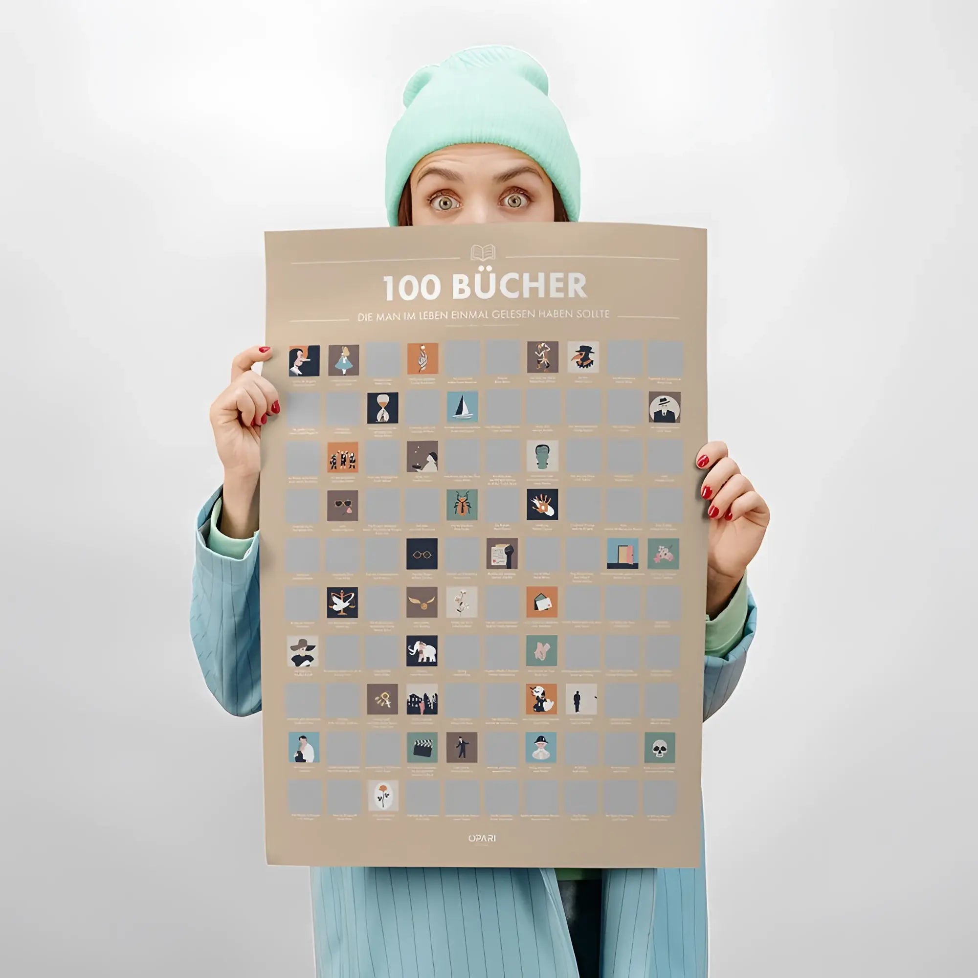 Beiger rubbelposter 100 bĂŒcher mit 100 buchsymbolen fĂŒr das lebenslange lesechallenge poster auf deutscher version