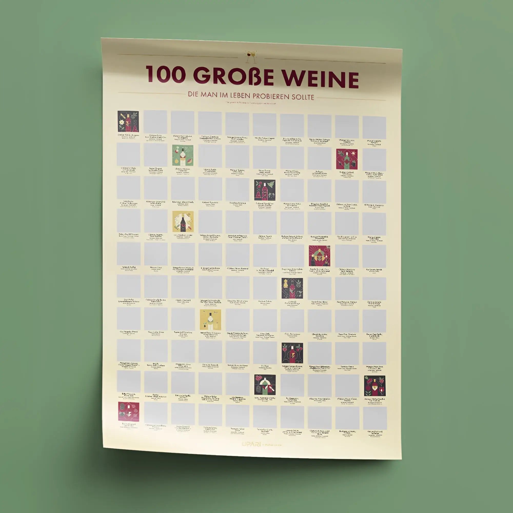 Ein cremefarbener rubbelposter 100 große weine mit bunten weinflaschenillustrationen zum entdecken und probieren