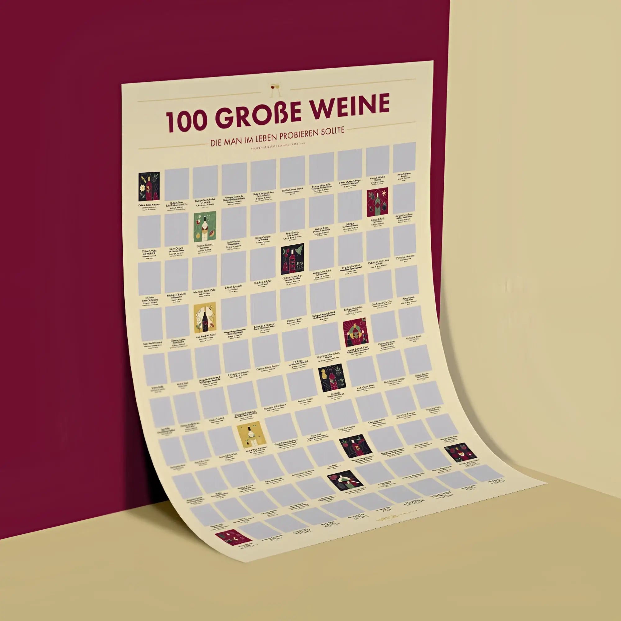 Cremefarbener rubbelposter mit 100 weinetiketten und titel 100 groĂe weine die man im leben probieren sollte