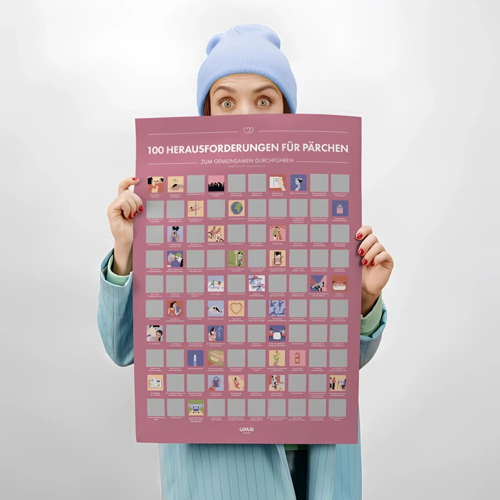 Ein pinker rubbelposter mit 100 illustrated herausforderungen fĂŒr paare zum gemeinsamen durchfĂŒhren im raster