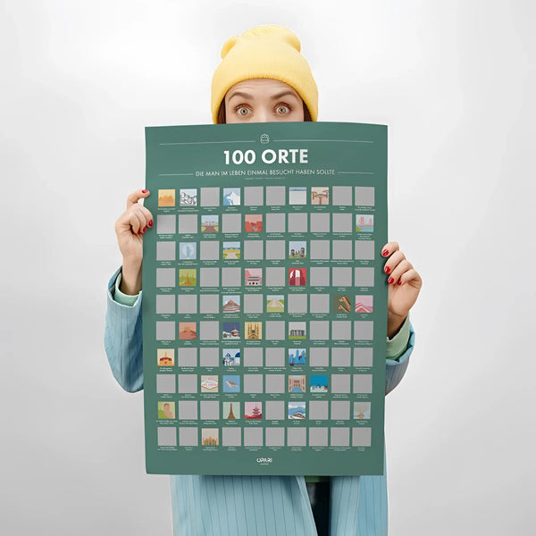 Grünes rubbelposter mit 100 ikonischen weltzielen und kleinen illustrationen zum freirubbeln der grauen felder