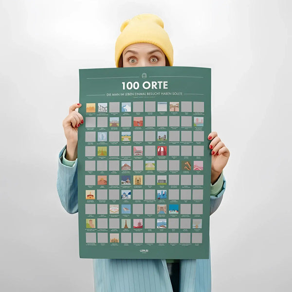 Grünes rubbelposter mit 100 ikonischen weltzielen und kleinen illustrationen zum freirubbeln der grauen felder