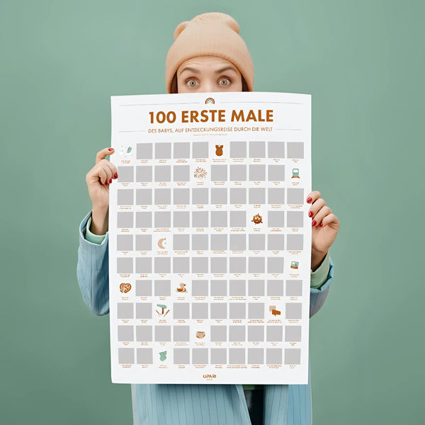 Weißer rubbelposter mit illustrationen von babymeilensteinen in erdfarben und orange text für die ersten male