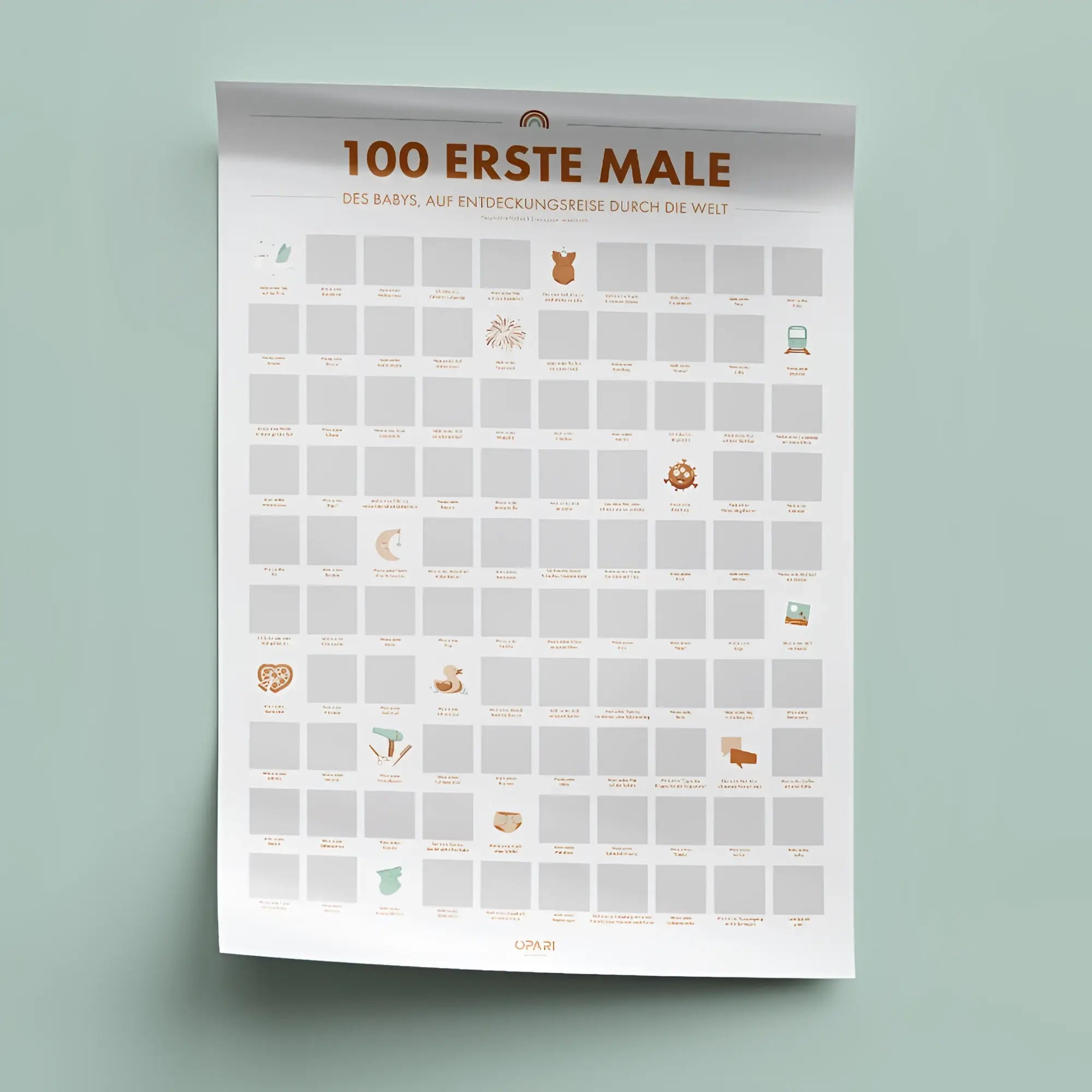 Weißer rubbelposter 100 erste male deines kindes mit braunen symbolen und text von qpari zur erinnerung