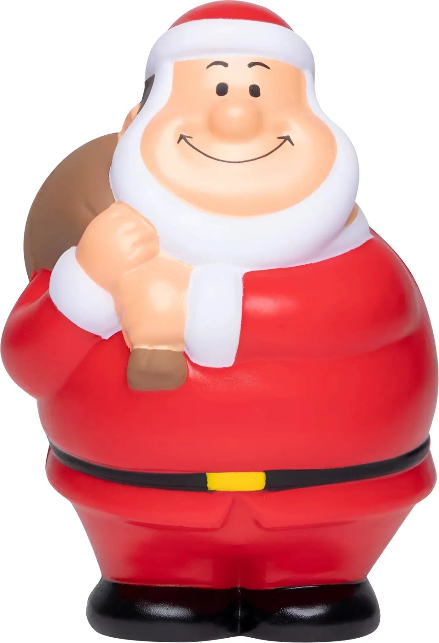 Rote und weiße plastik santa bert anti-stress-figur mit schwarzem gürtel, gelber schnalle und braunem sack