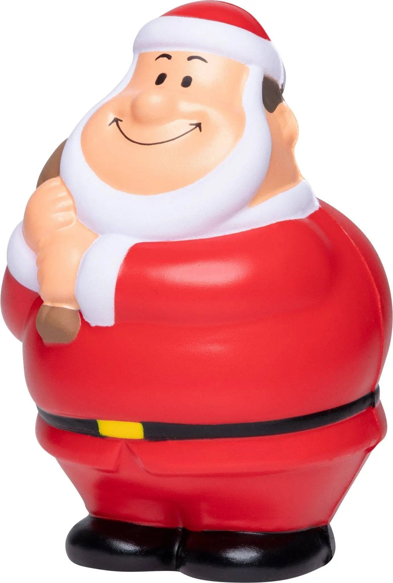 Santa bert anti-stress-figur aus rotem und weißem plastik mit fröhlichem gesicht und schwarzem gürtel und stiefeln