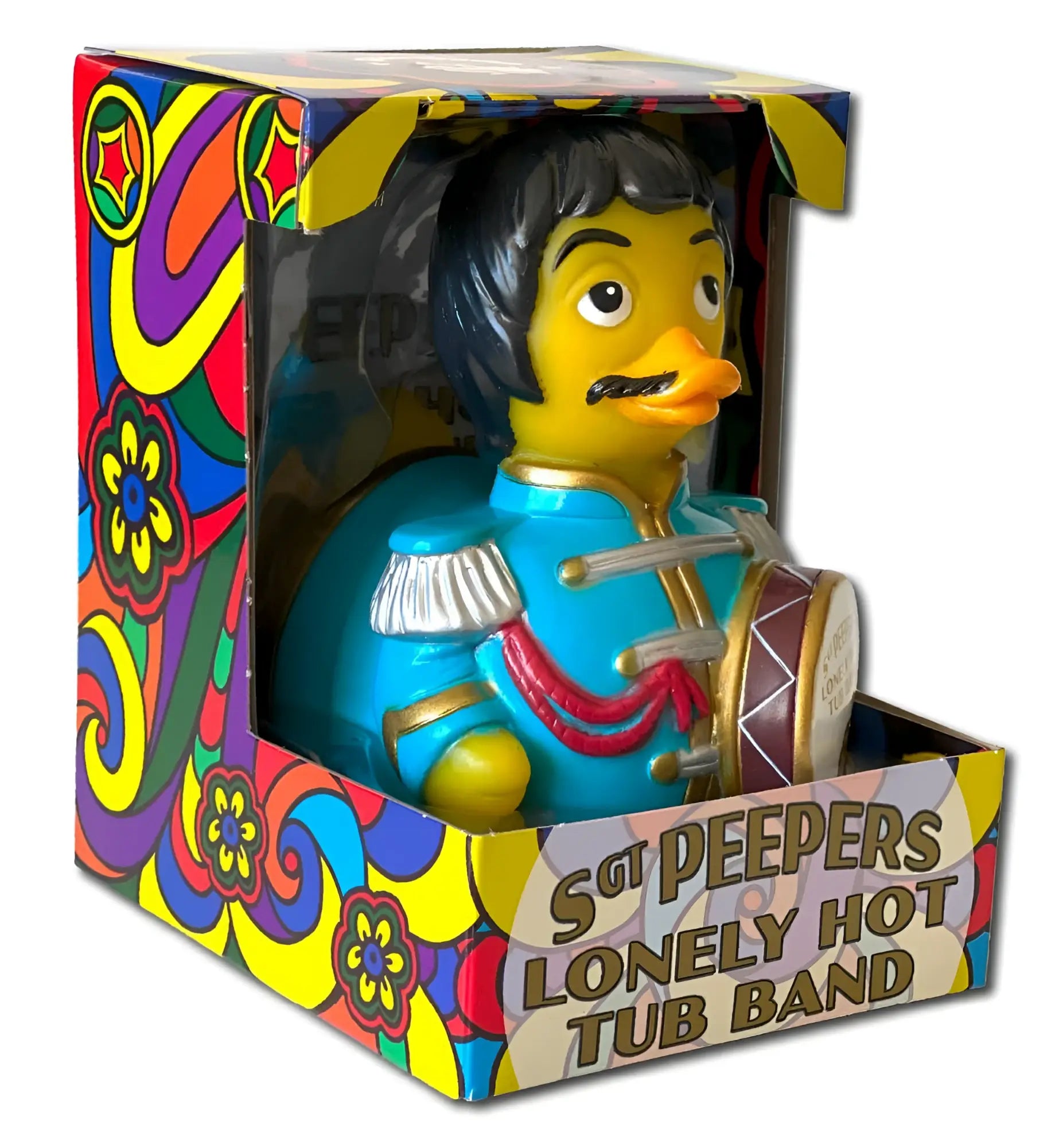 Ein gelber gummiente in blauem uniform mit roten schärpe und silbernen epauletten hält trommel von celebri ducks