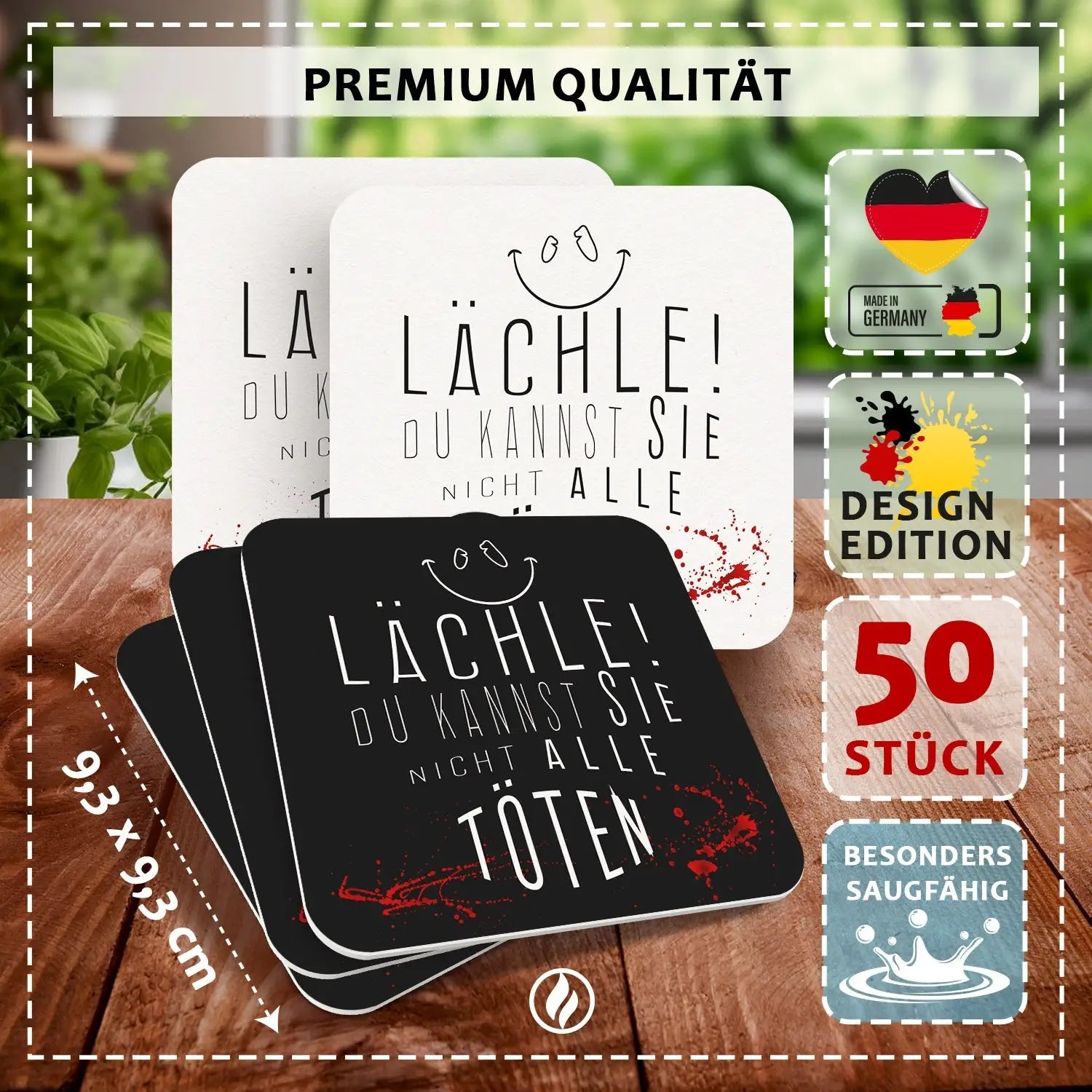 Scherzhafte Bierdeckel – ’Lächle Du kannst sie nicht alle töten’ 50 Stück