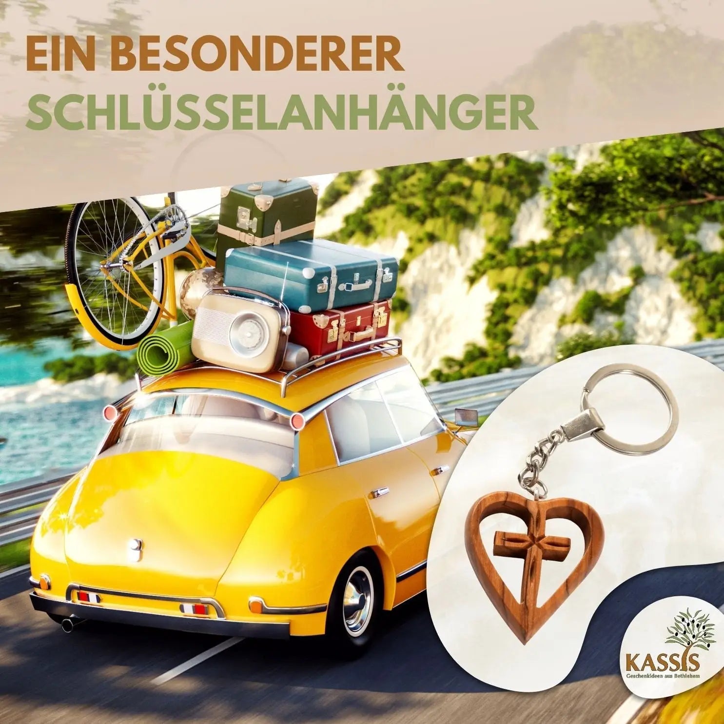 Schlüsselanhänger Kreuz im Herz aus Olivenholz - 1 Stück - Schlüsselanhänger