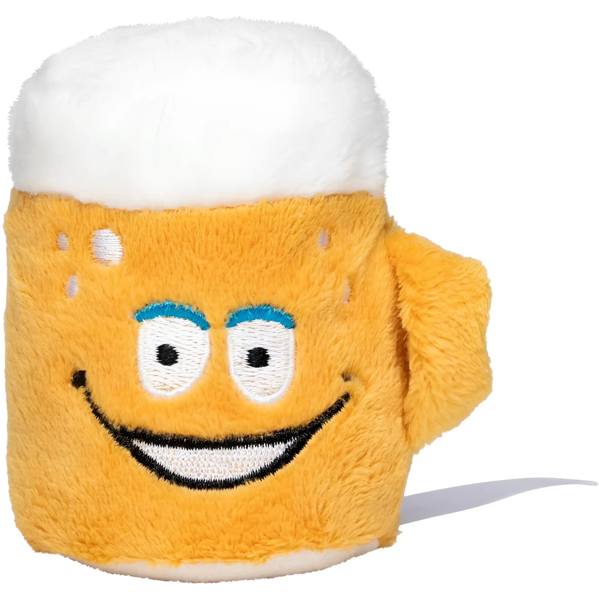 Ein plüschiger schmoozies displayreiniger bier in goldgelb mit weißem schaum und gesticktem gesicht