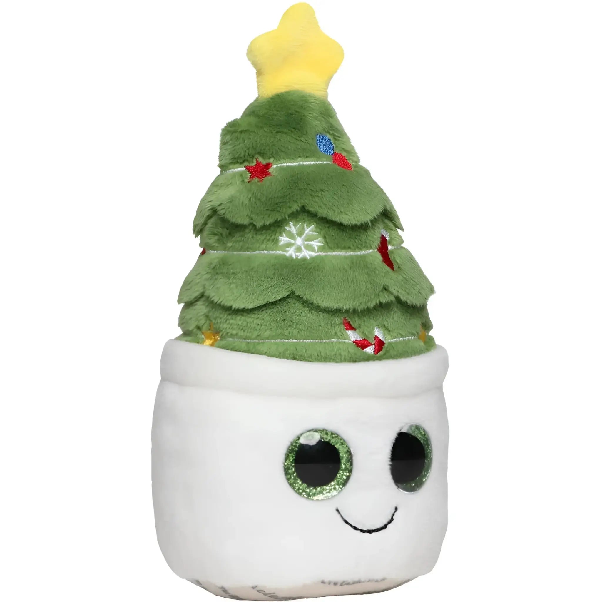 Ein schmoozies displayreiniger evergreenies tannenbaum mit grünem plüsch, roten und blauen kugeln, gelbem stern und weißem marshmallow-sockel mit glitzernden grünen augen
