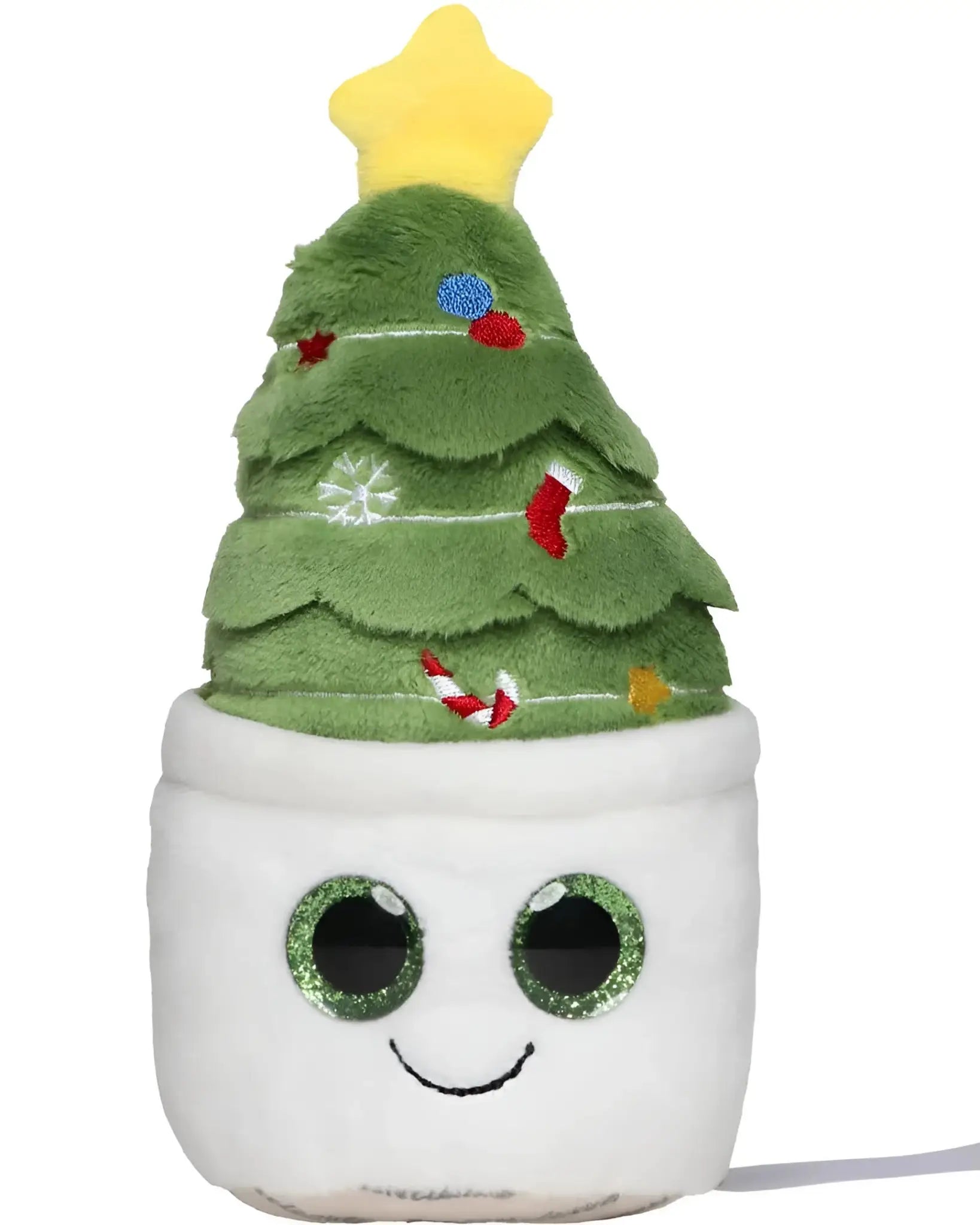 Ein schmoozies® displayreiniger evergreenies® tannenbaum aus grünem stoff mit bunten stickornamenten und gelbem stern topper in weißem topf mit glitzernden grünen augen ideal als wichtelgeschenk