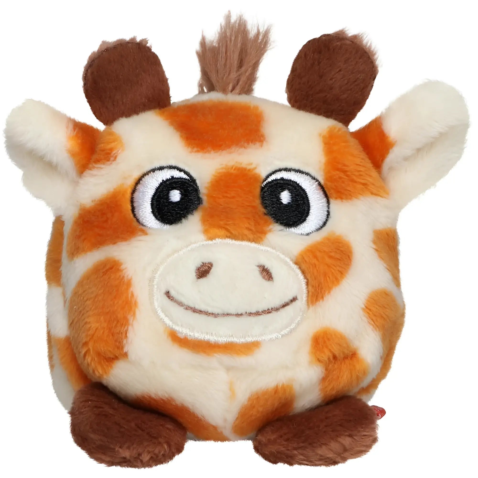 A plüschiger, runder schmoozies displayreiniger giraffe mit orange-creme farbenem fell und bestickten augen und nase