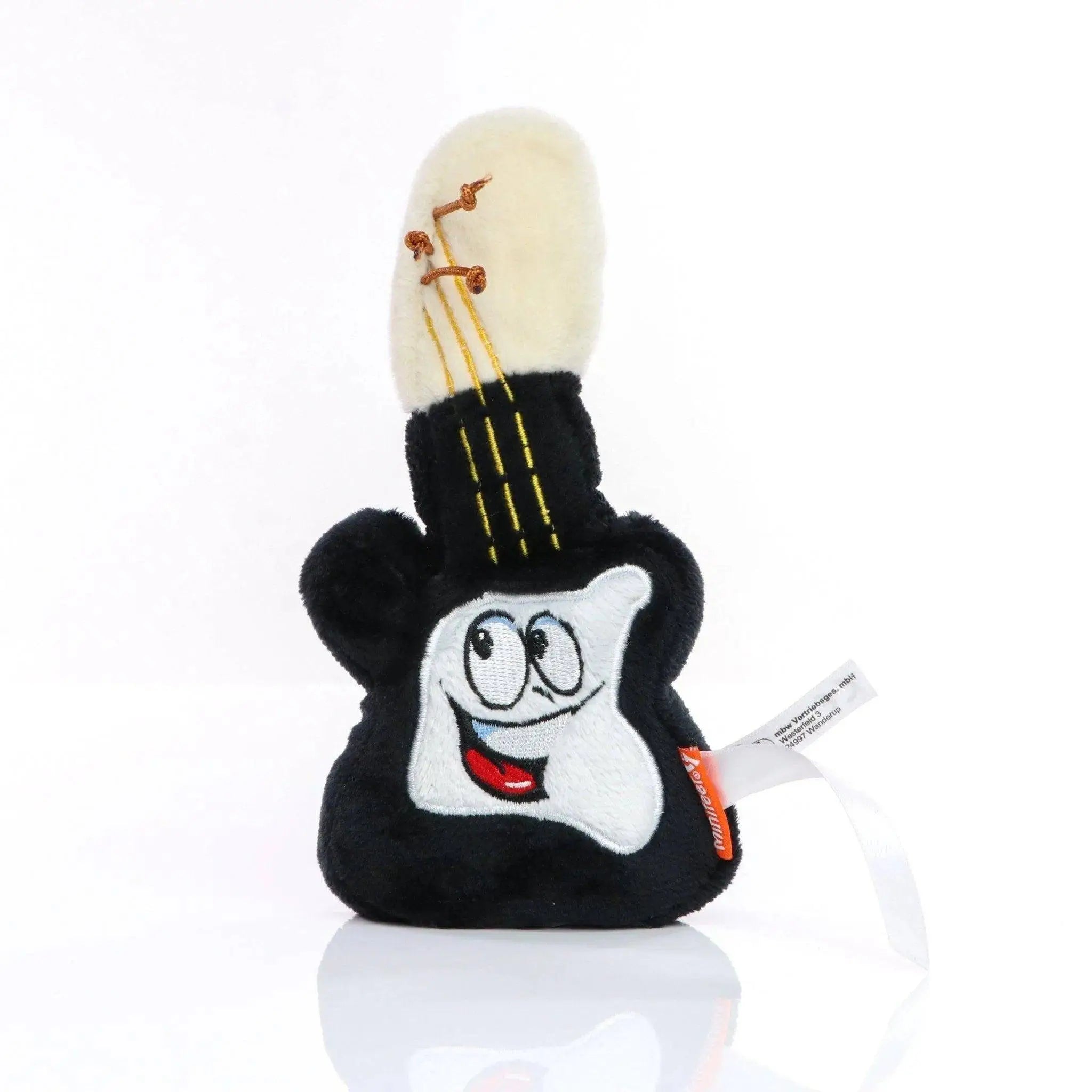 Black plush gitarre displayreiniger von schmoozies mit weißem stickgesicht und goldfarbenen saiten