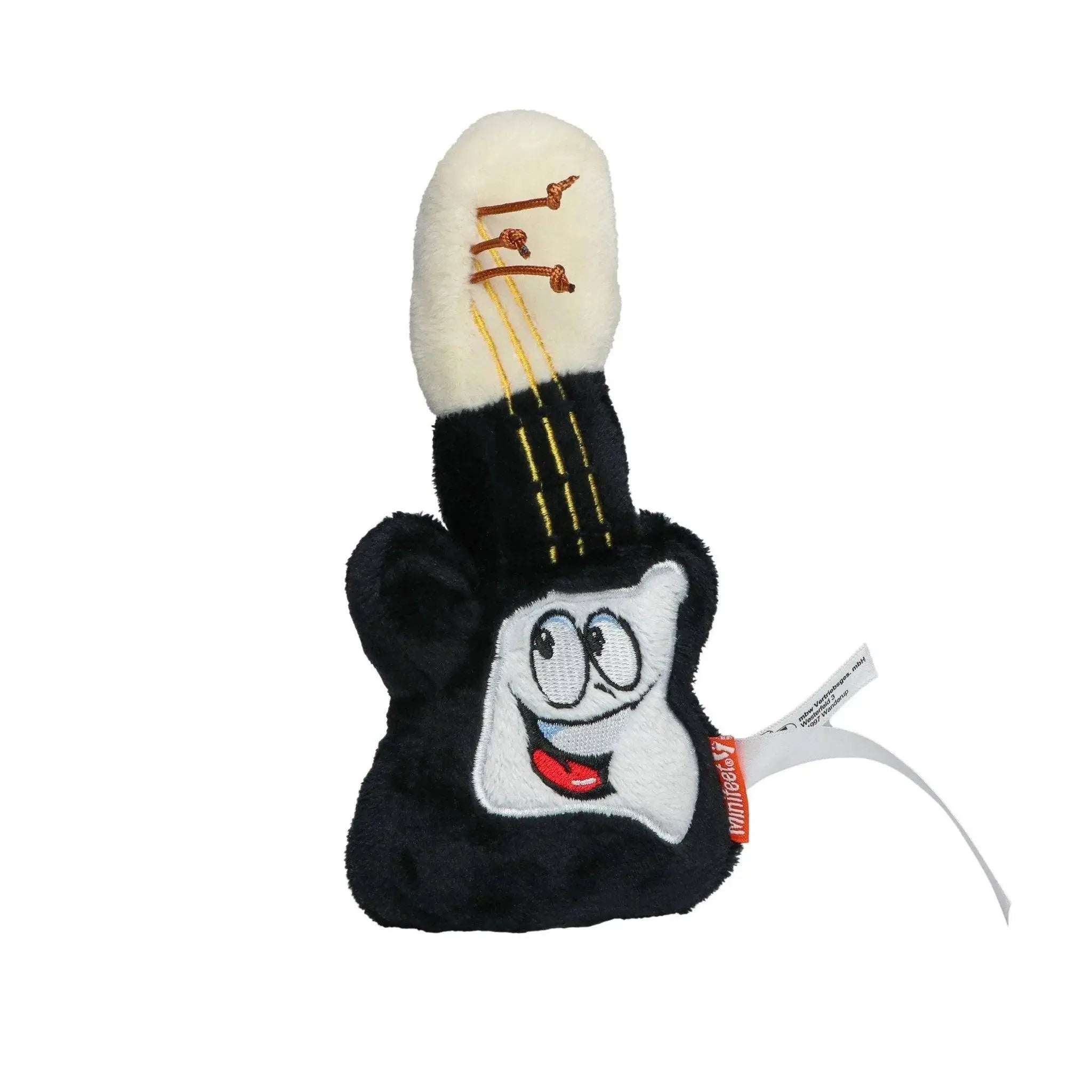 Schmoozies displayreiniger gitarre schwarzer weißer plüsch mit besticktem gesicht goldenen saiten und cremefarbenem kopfstock