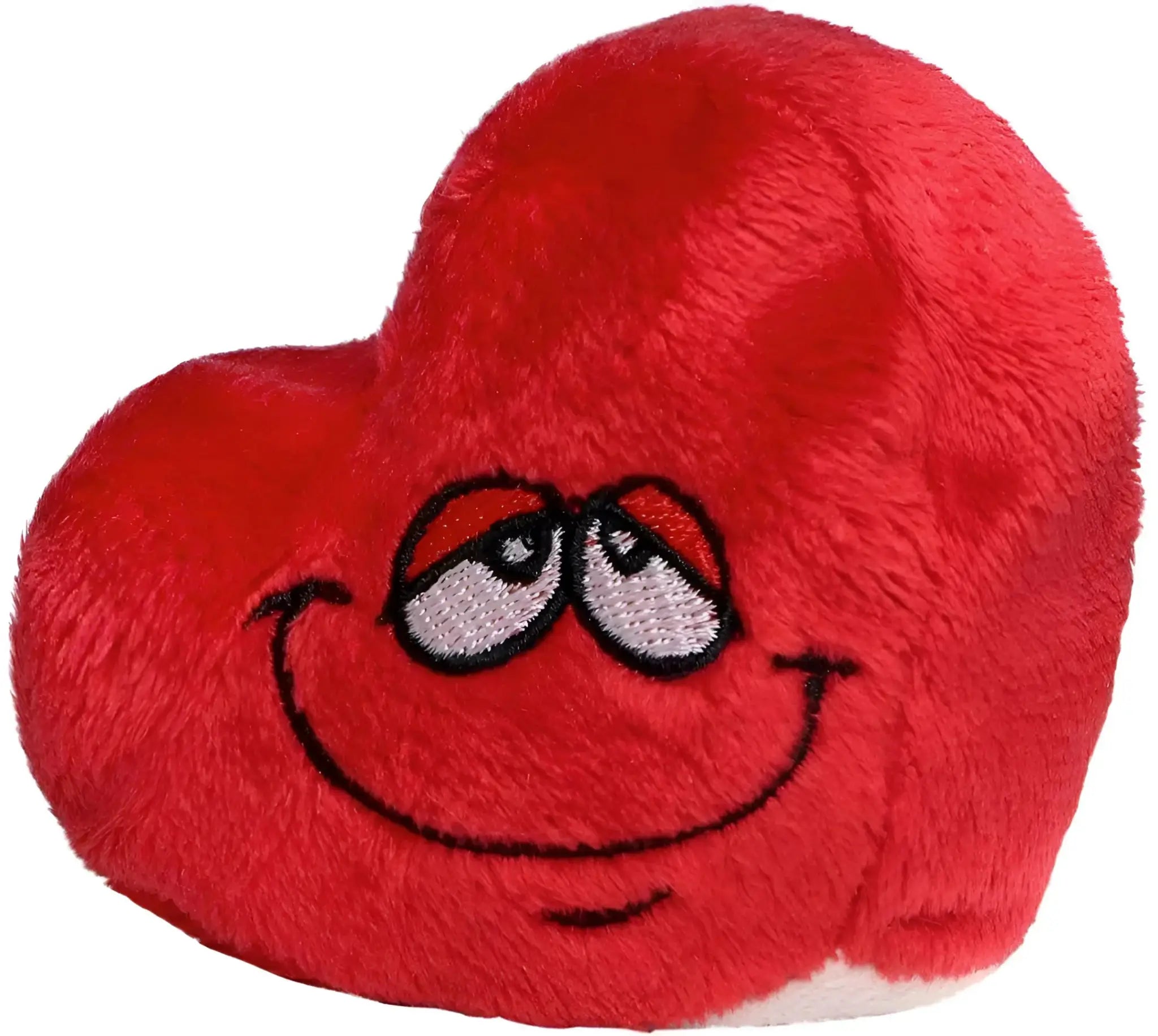 Ein rotes herzförmiges schmoozies displayreiniger plush mit bestickten augen und lächelndem gesicht