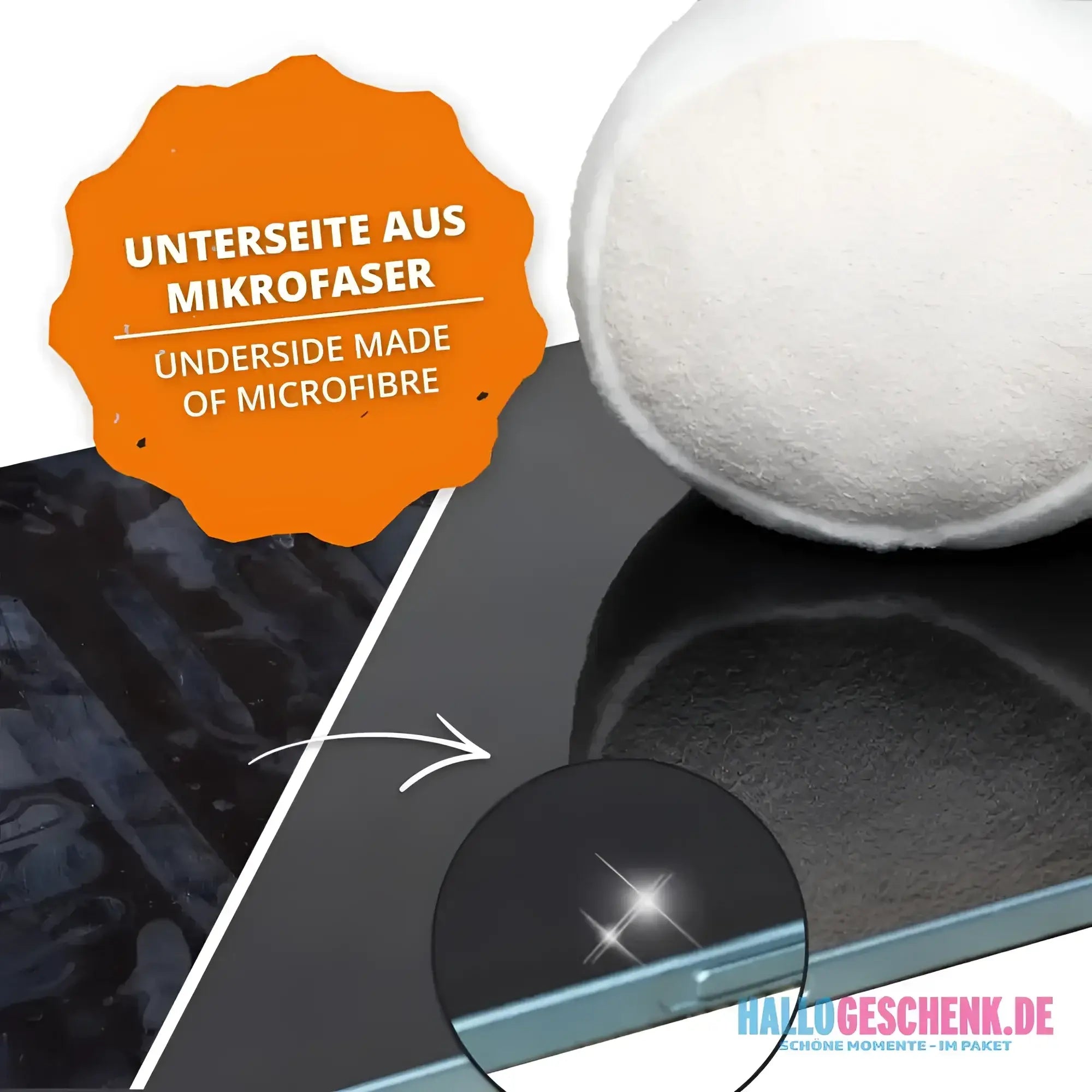 Unterseite eines schwarzen glasbildschirms mit weißem mikrofaserstoff beim schmoozies displayreiniger hund