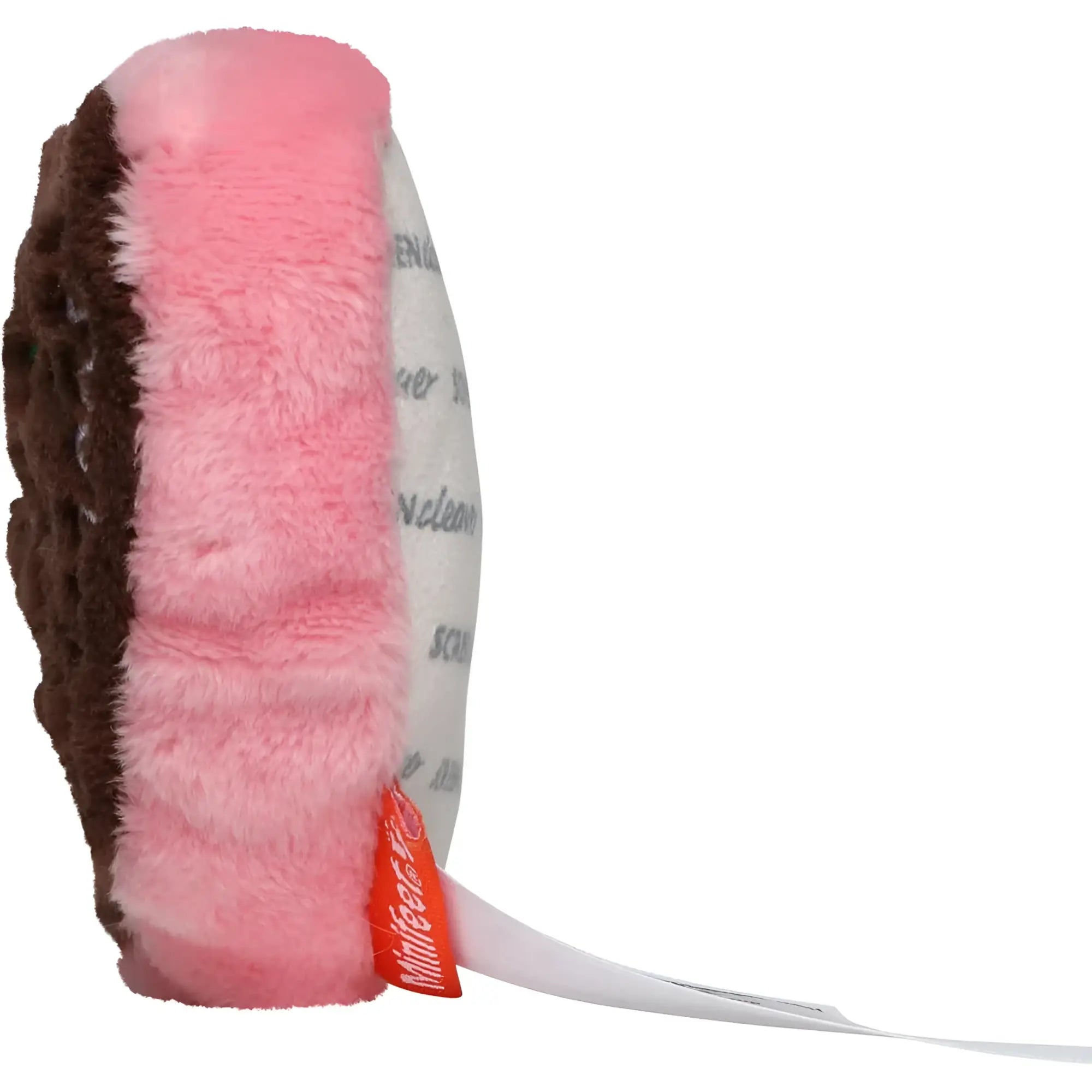 Rosa und brauner schmoozies lebkuchenherz plüsch donut mit weißem papierschild zum displayreinigen