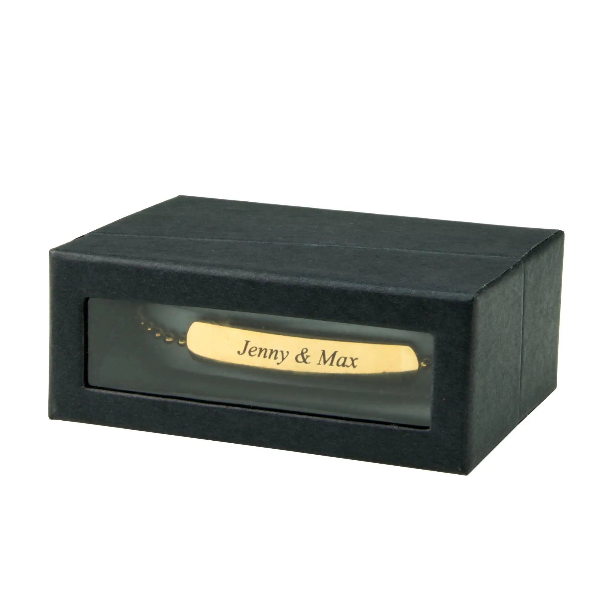 Goldfarbenes graviertes armband in einer schmuck geschenkbox für armband in schwarz
