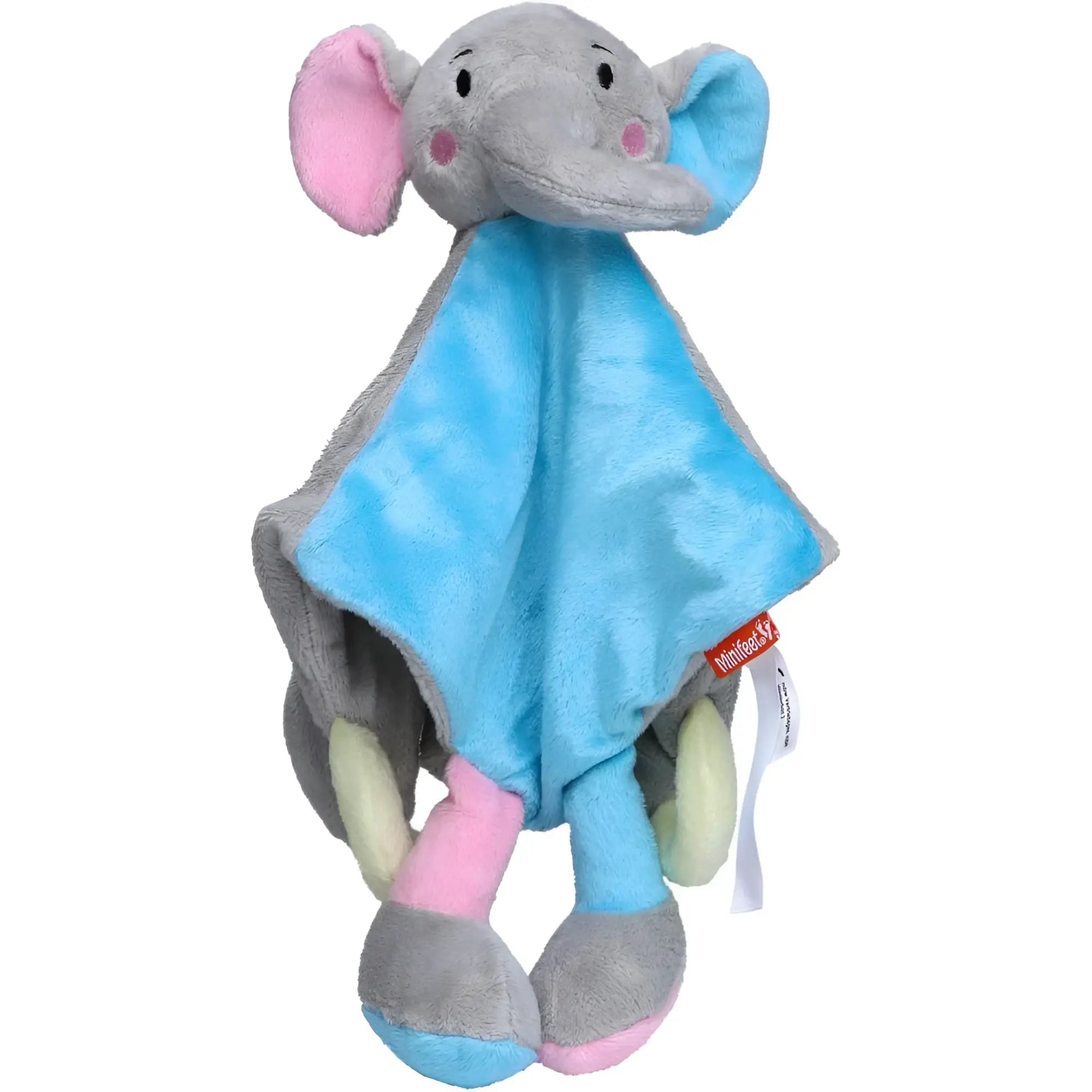 Schmusetuch elefant babykuscheltier in grau mit pinken ohren und blauen akzenten sowie passender decke