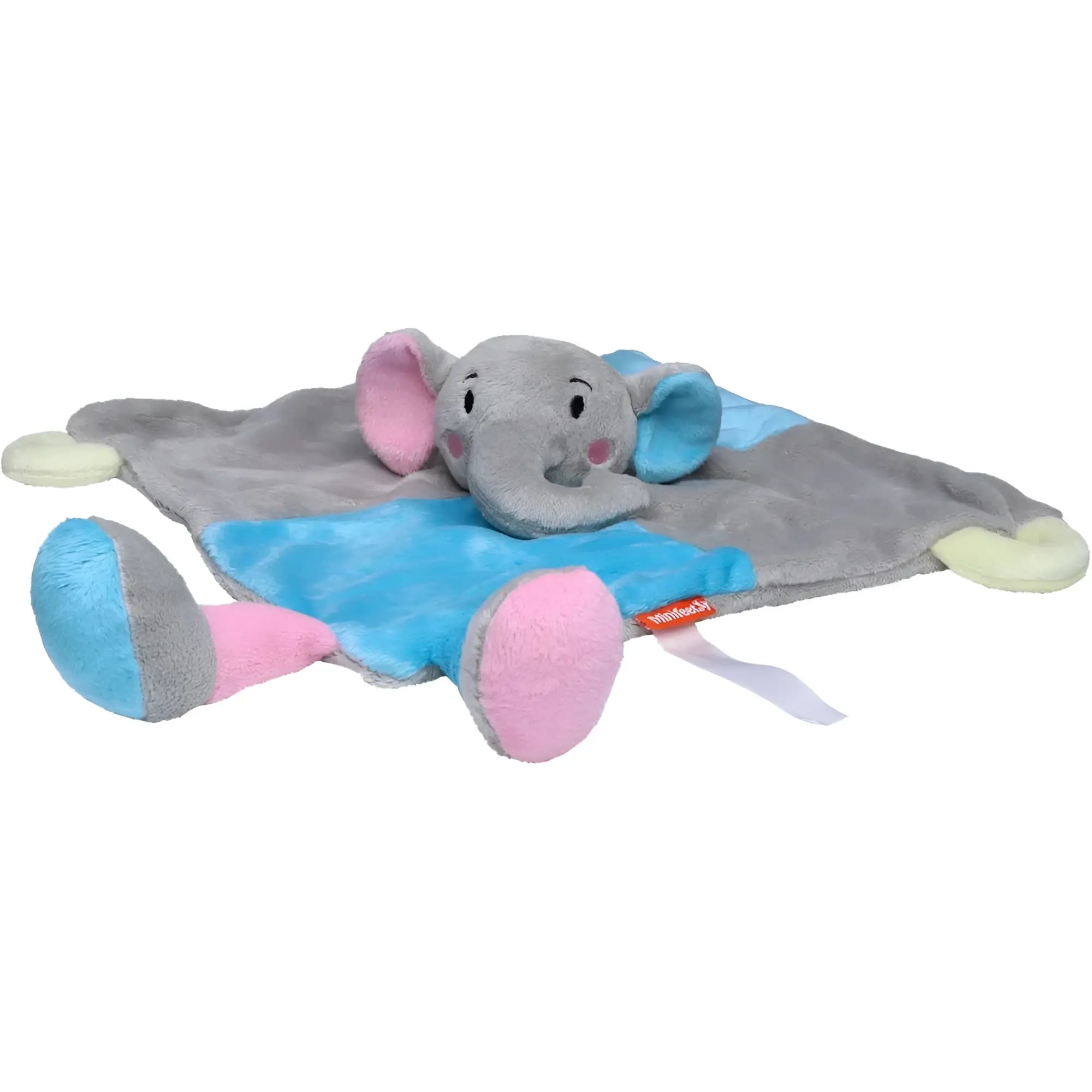 Schmusetuch elefant aus weichem grauem plüsch mit rosa und blauen akzenten und gestickten gesichtdetails zum schmusen