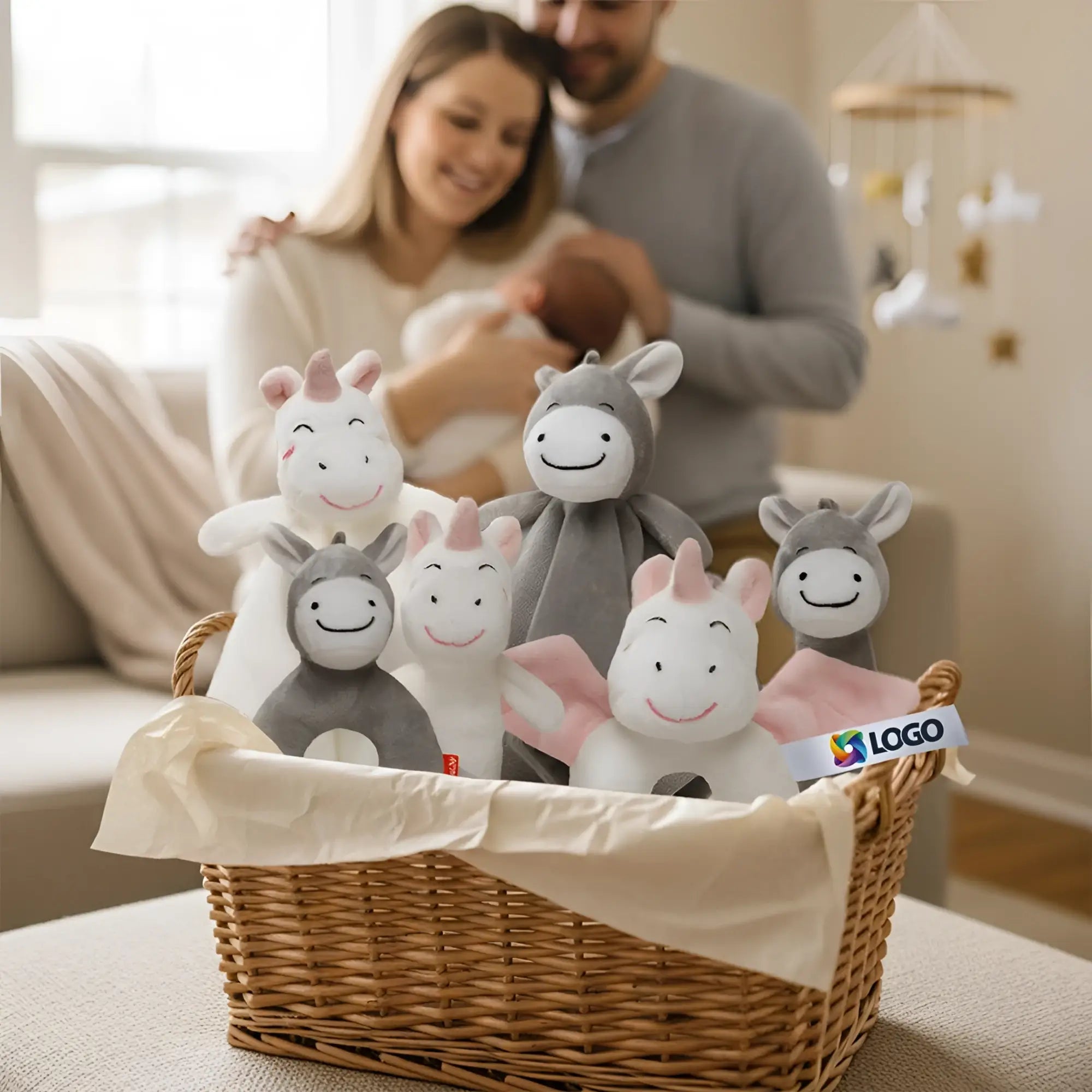 Weiche plüsch schmuestuecher in weiß und grau mit rosa akzenten als esel babykuscheltiere mit oeko-tex zertifikat