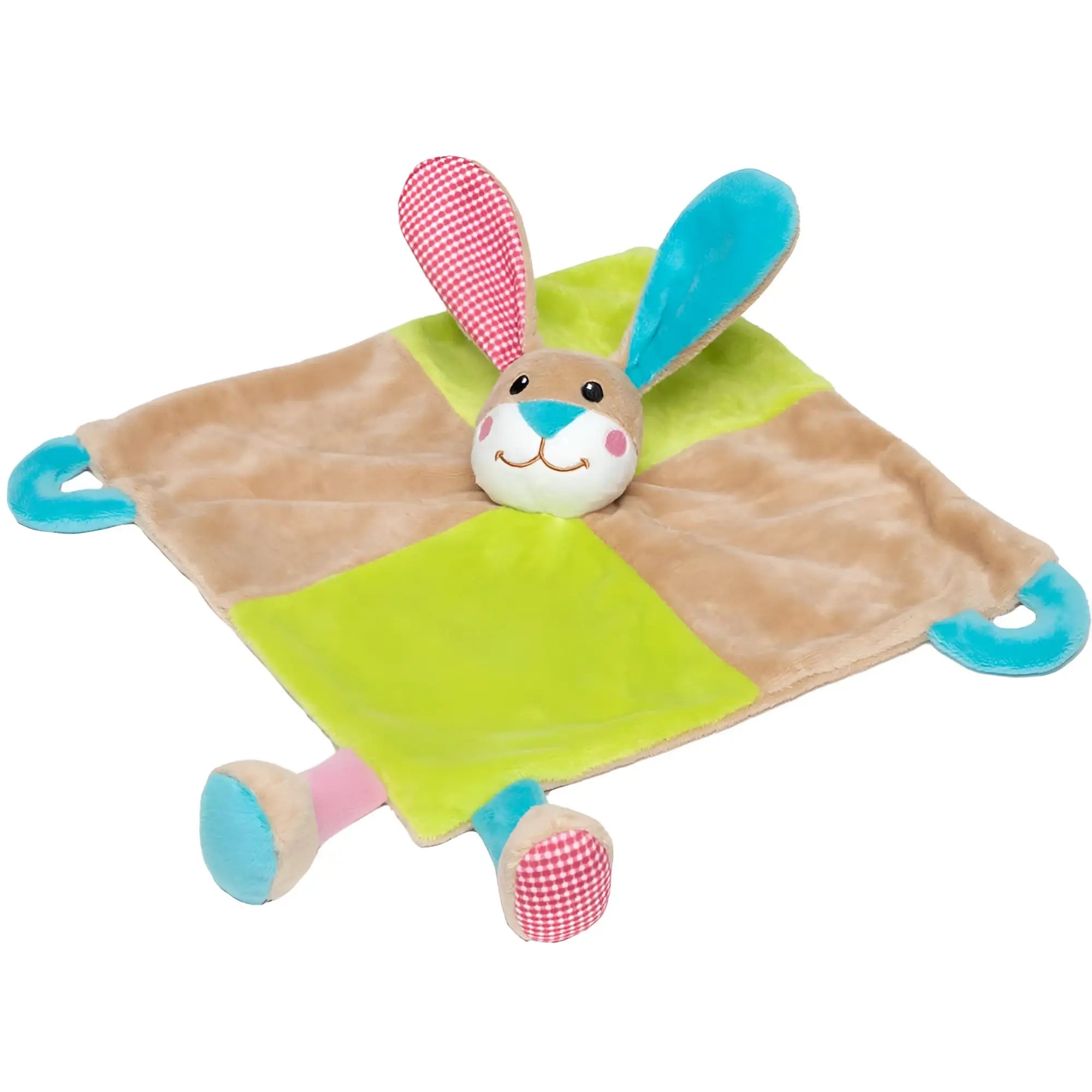 Schmusetuch hase babykuscheltier mit greifohren in tan lime grün patchwork und pink weiß karierten ohren