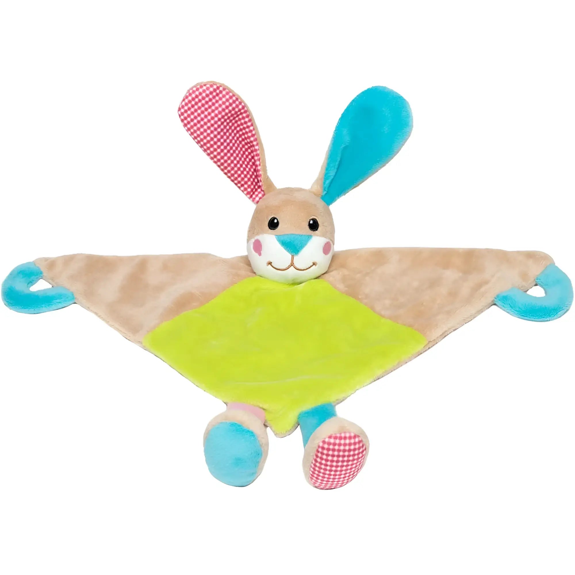 Schmusetuch hase babykuscheltier mit greifohren in weich plüsch mit braunem körper grünem mittelfeld und karierter pink weißer ohren und füße