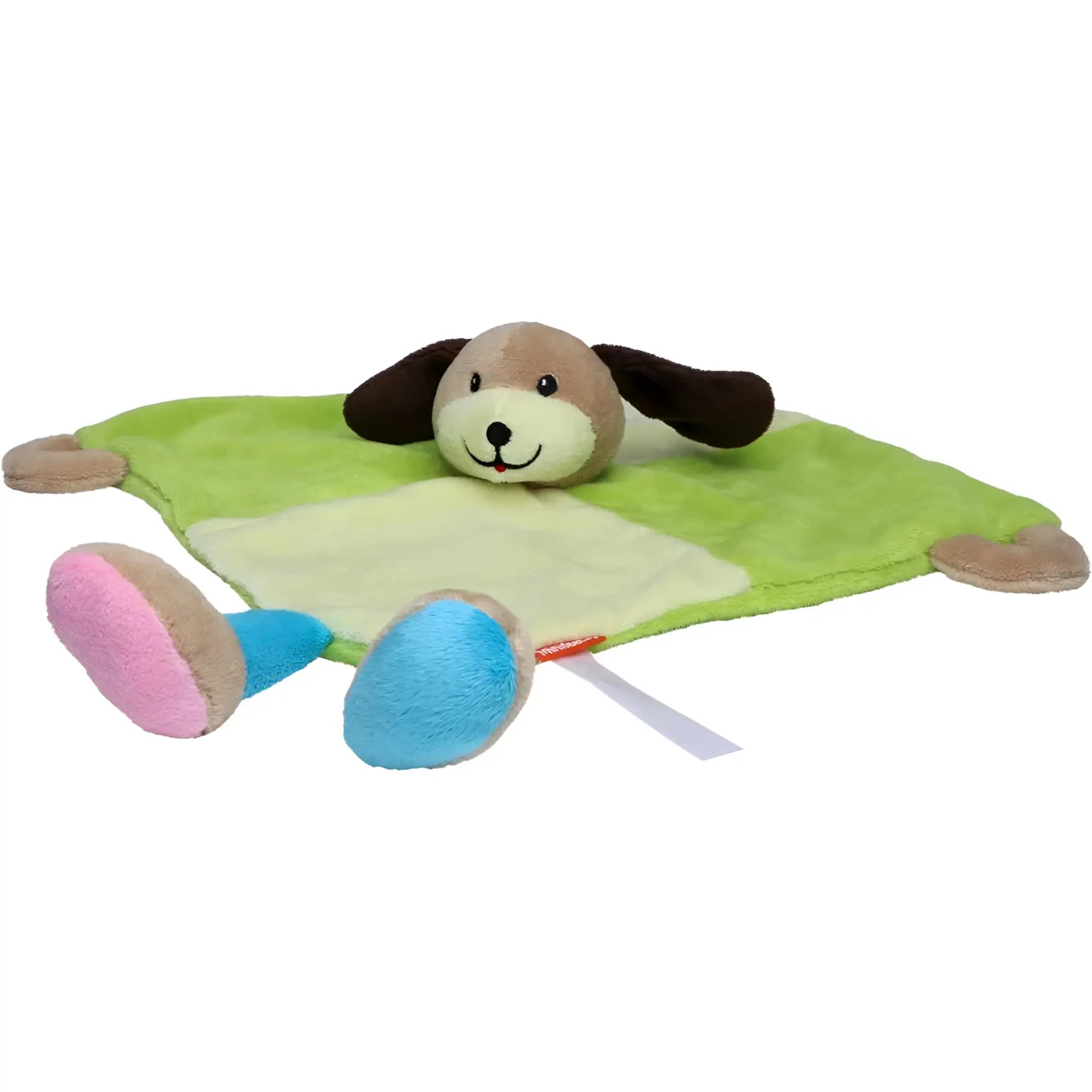 Schmusetuch hund babykuscheltier in grün und creme mit braunen ohren und bunten pink blauen füßen zum schmusen