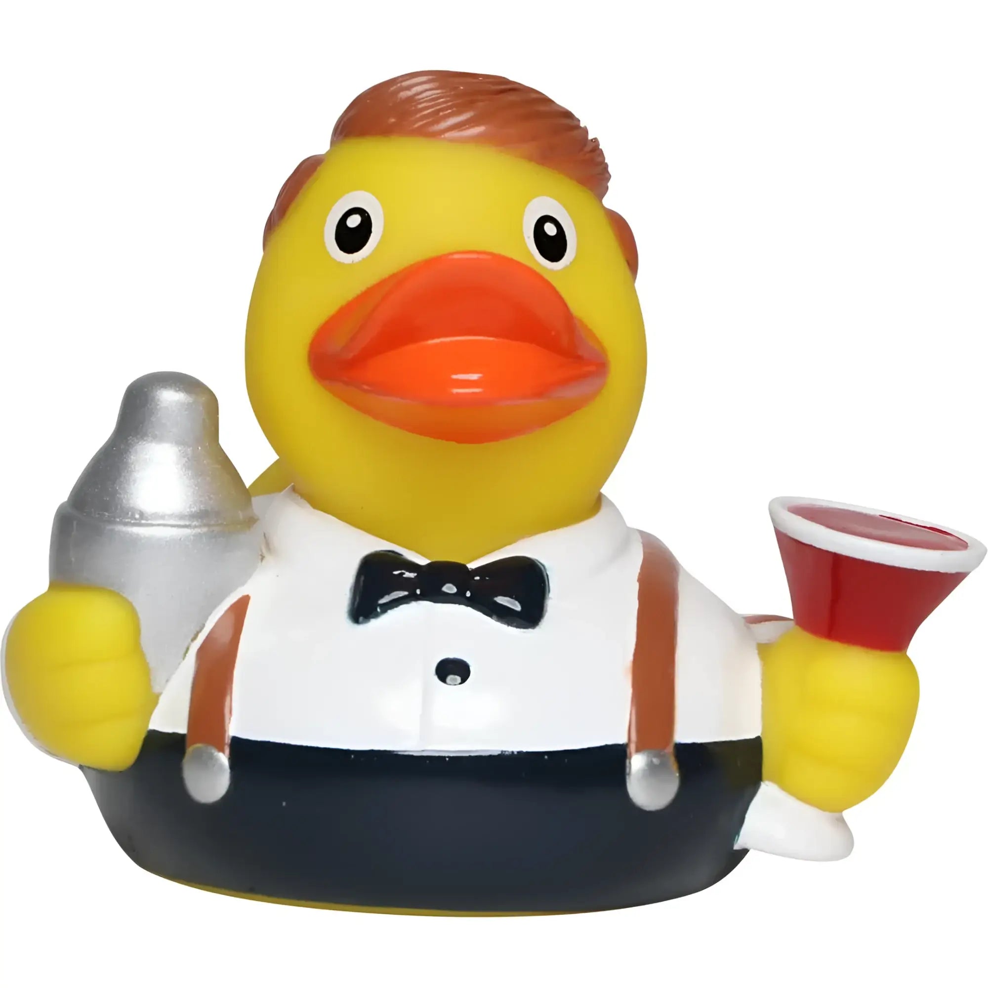 Gelbe schnabels badeente baarkeeper mit braunen haaren hält silbernen cocktailshaker und roten plastikbecher