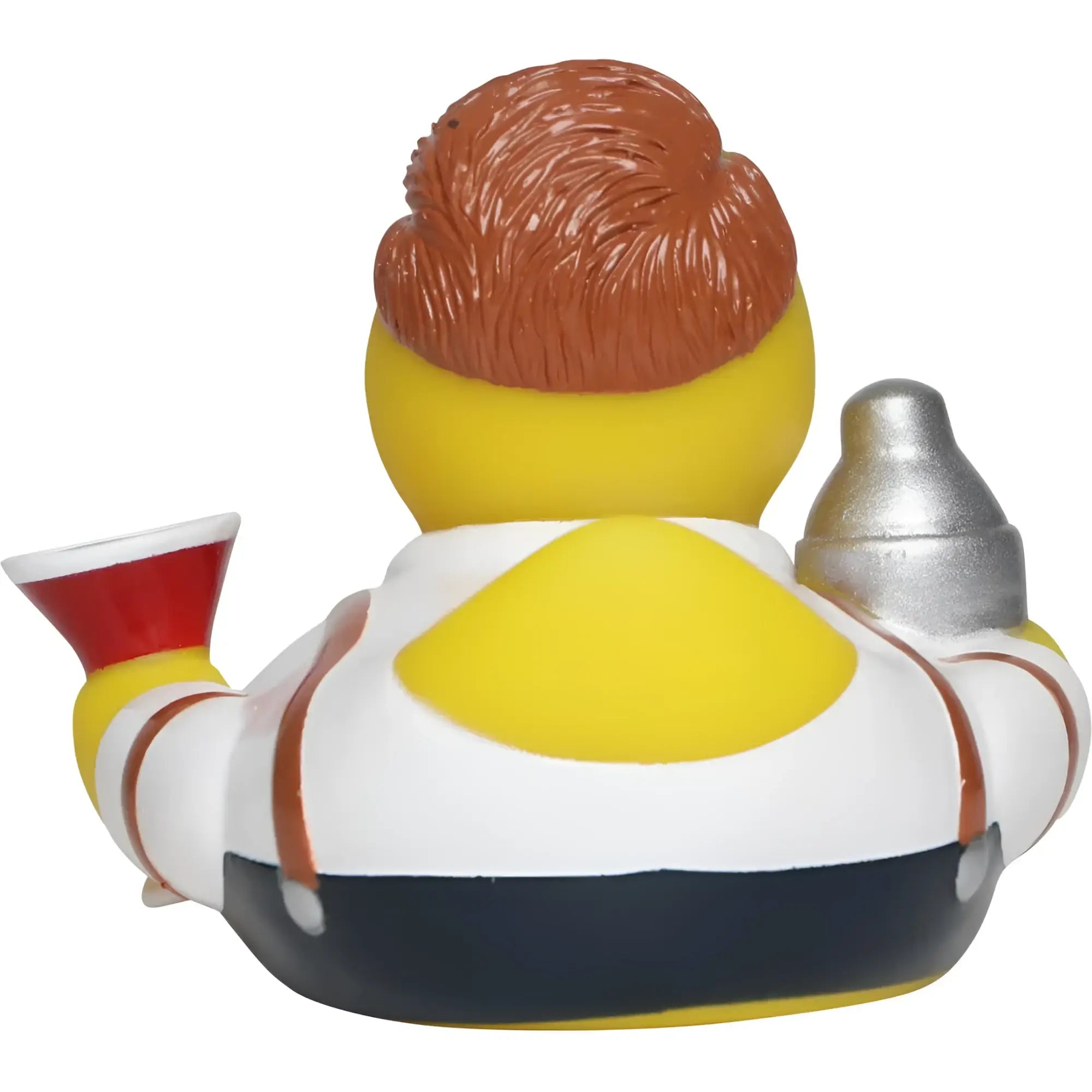 Gelbe schnabels badeente baarkeeper mit braunen haaren, weiß-navy outfit und silber cocktailshaker in der hand