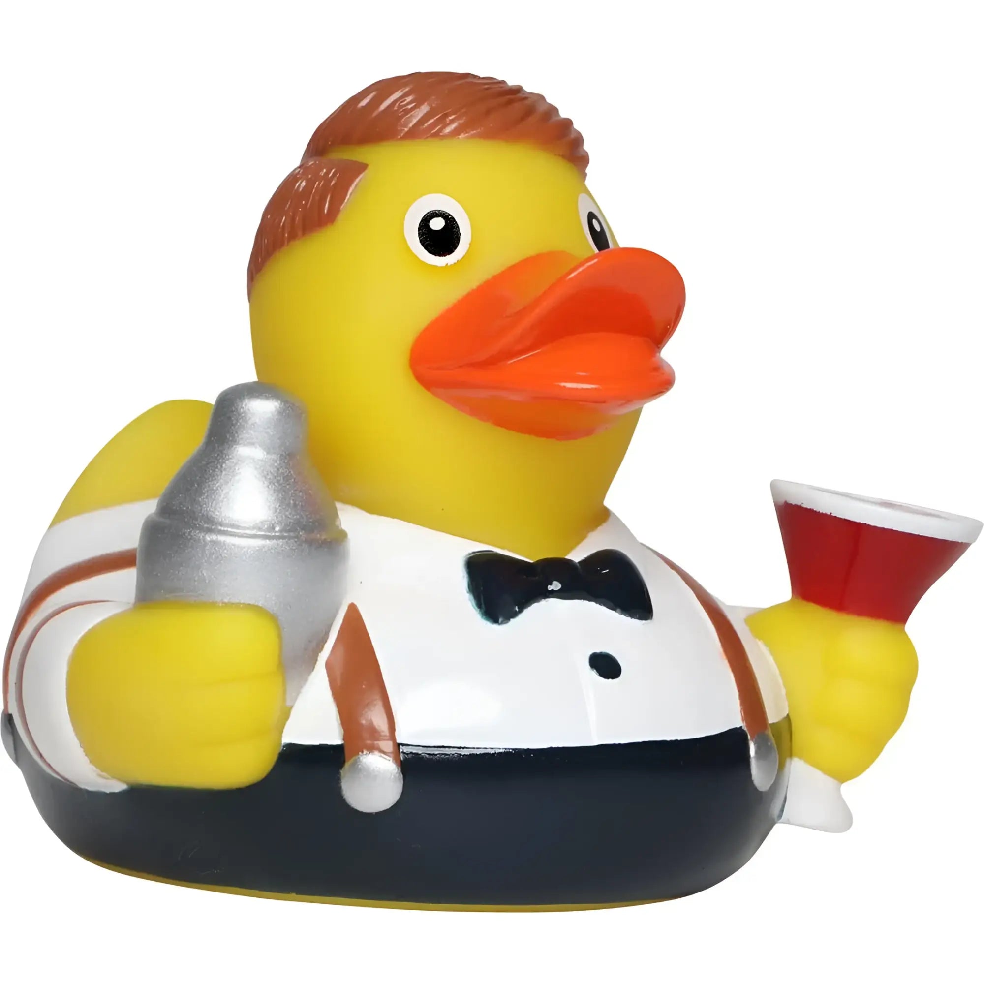 Eine gelbe gummiente von schnabels in bartender-look mit silbernem cocktailshaker und rotem martiniglas