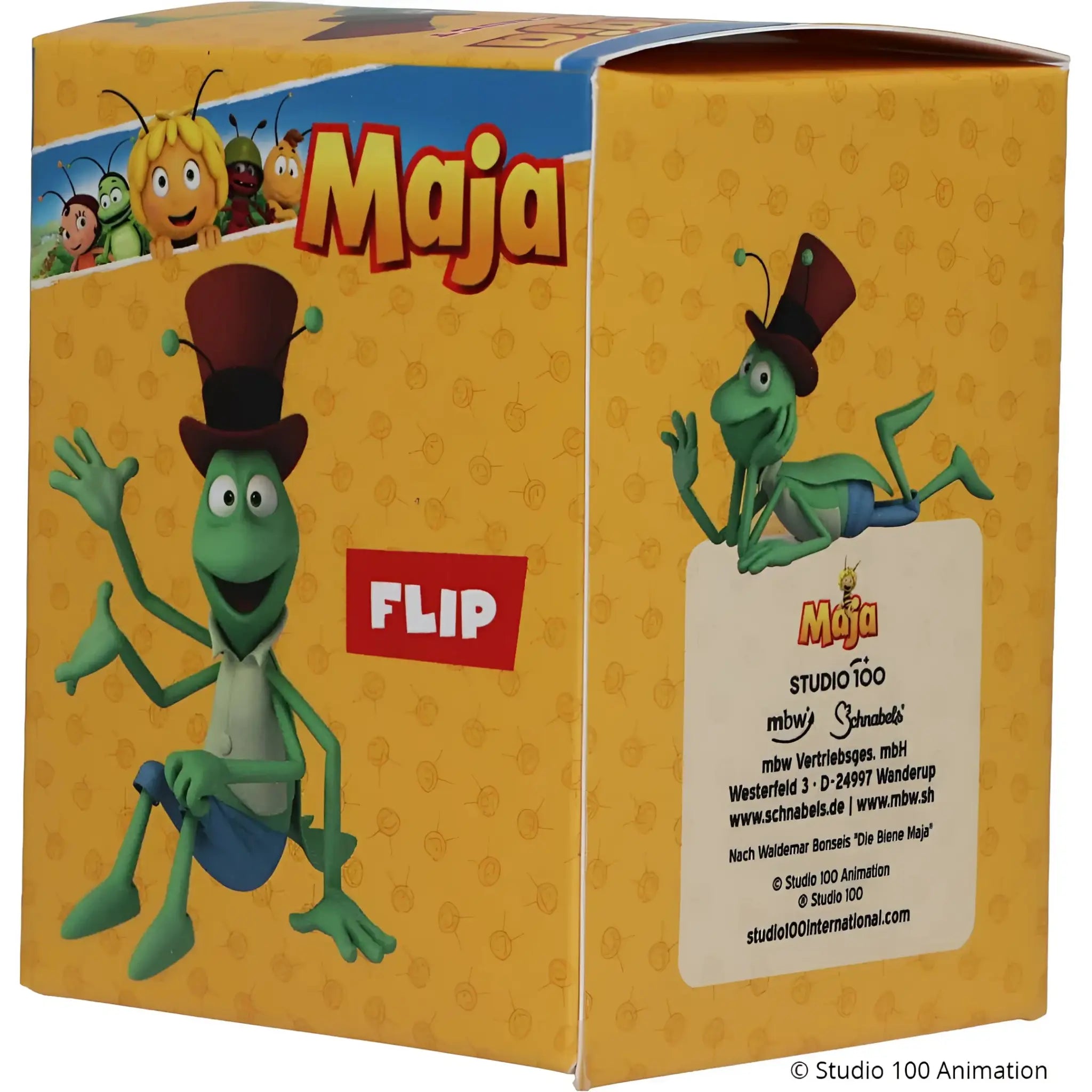 Grüner cartoon-insekt flip mit braunem zylinder und blauen shorts auf gelber schnabels badeente verpackung von biene maja