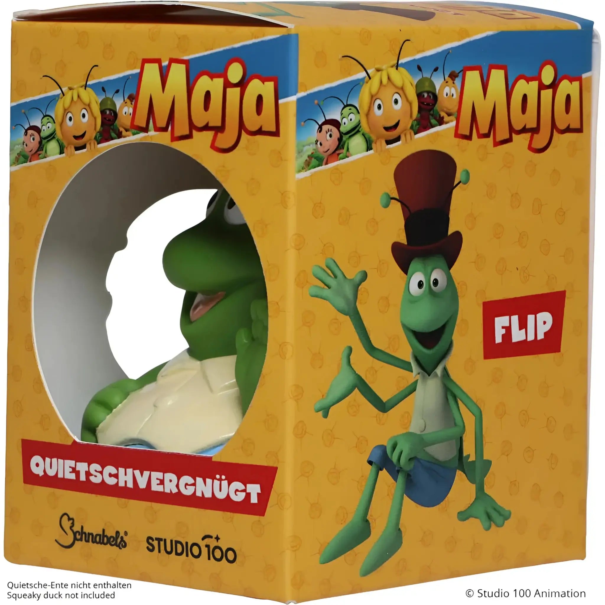 Grüne plastikfigur schnabels badeente grashüpfer flip mit braunem hut und blauer hose von biene maja in geschenkverpackung