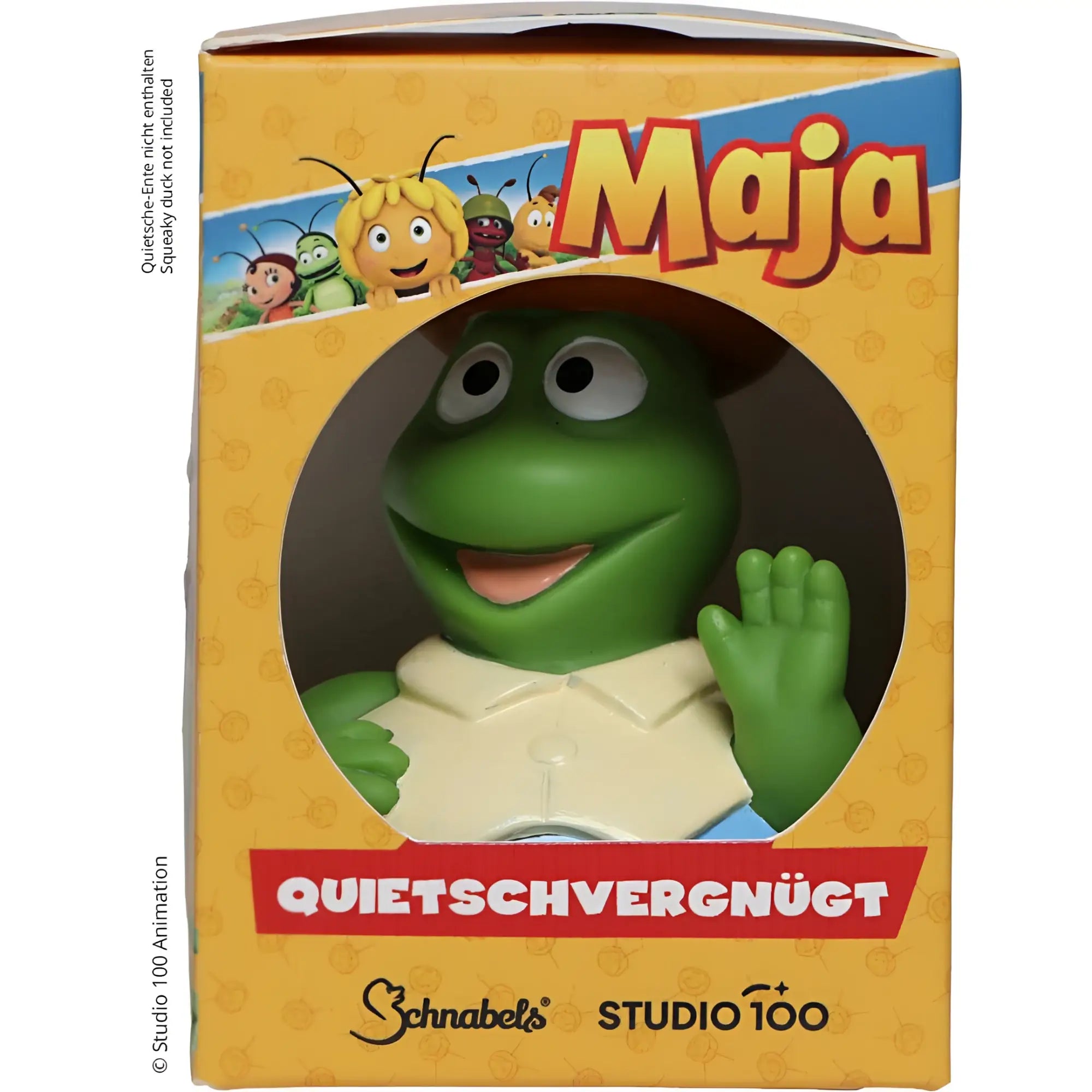 Grüner kunststofffrosch schnabels badeente grashüpfer flip mit cremefarbenem kragen winkend in geschenkverpackung