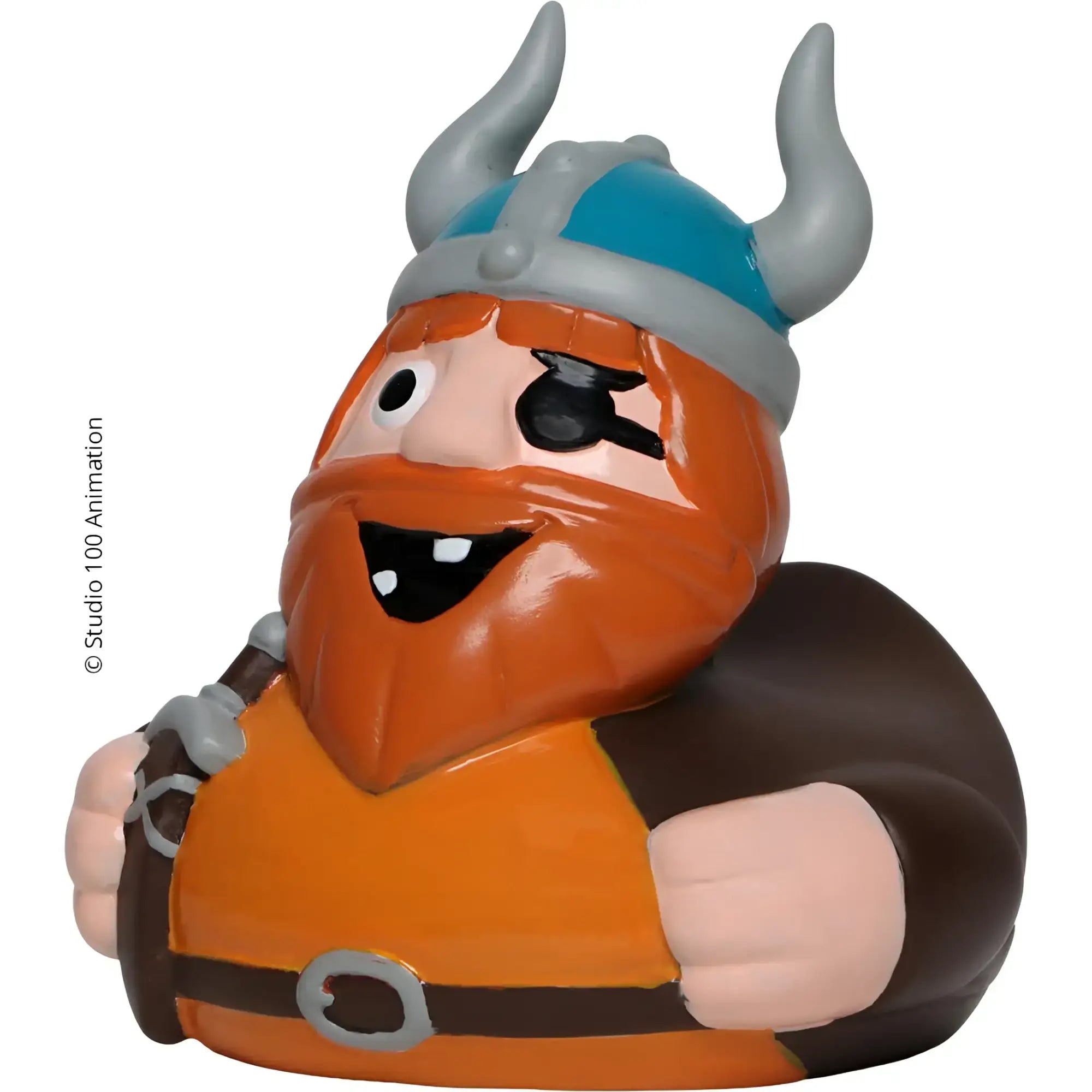 Schwimmende orange gummi badeente halvar von schnabels mit blau grau wikingerhelm und geschenkverpackung