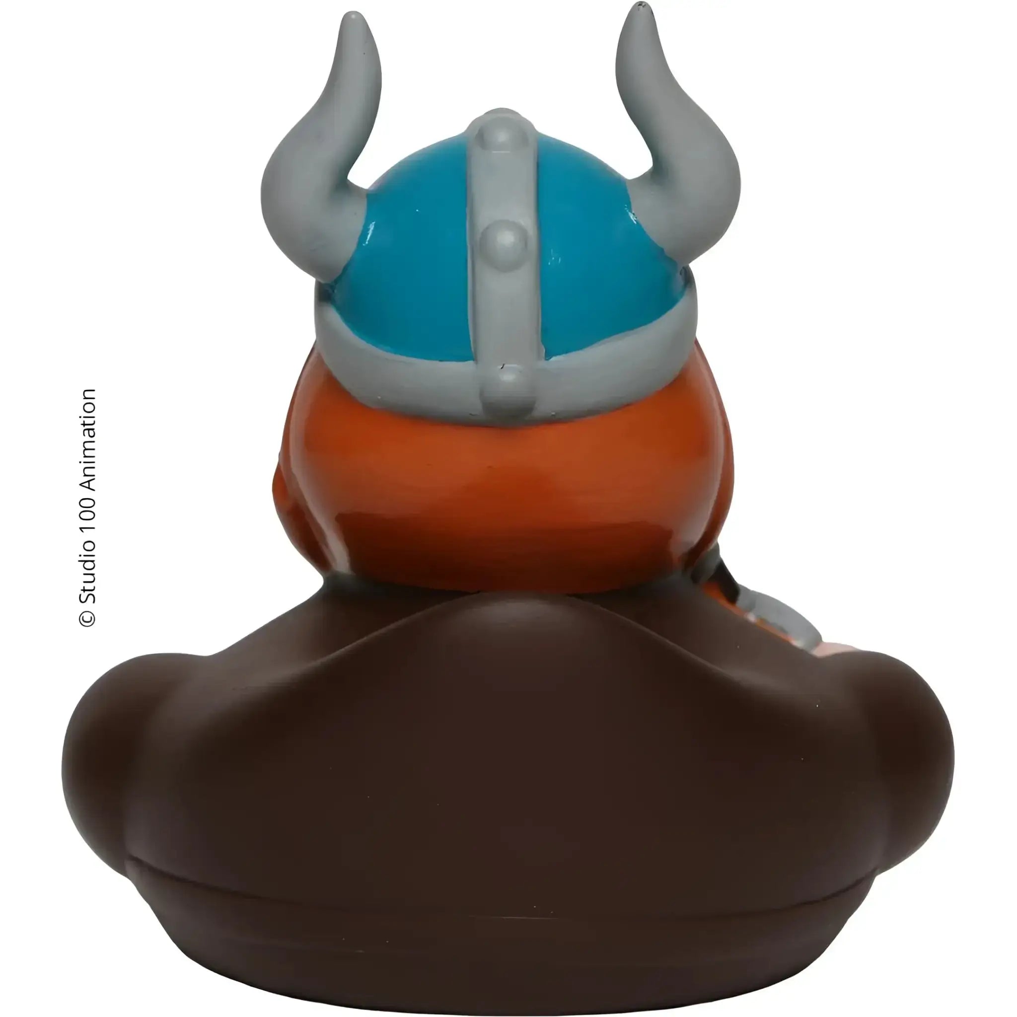 Schnabels badeente halvar von wickie mit blau grauem wikingerhelm und silbernen hörnern auf brauner ente