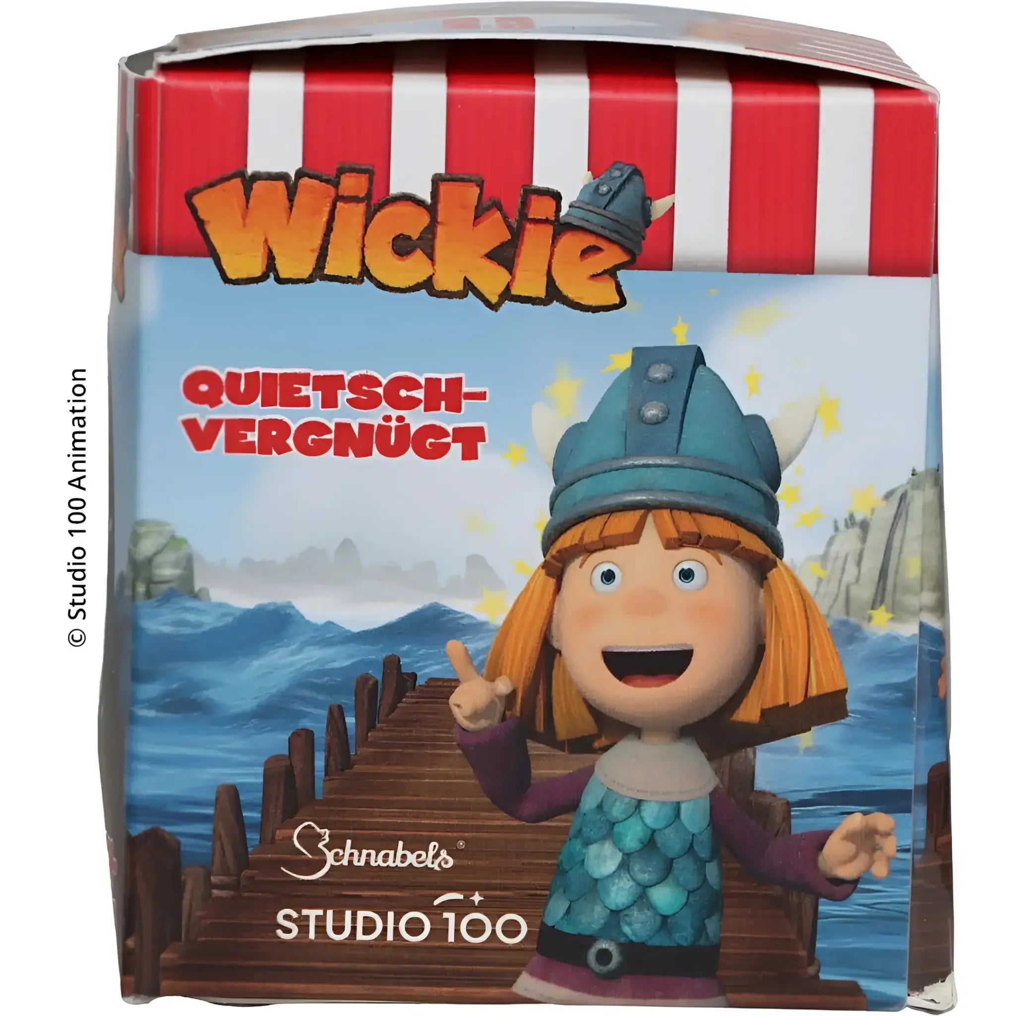 Wickie Figur in blau viking helmet und Petrolfarben scale armor in rot und weiß striped gift packaging by Schnabels Badeente