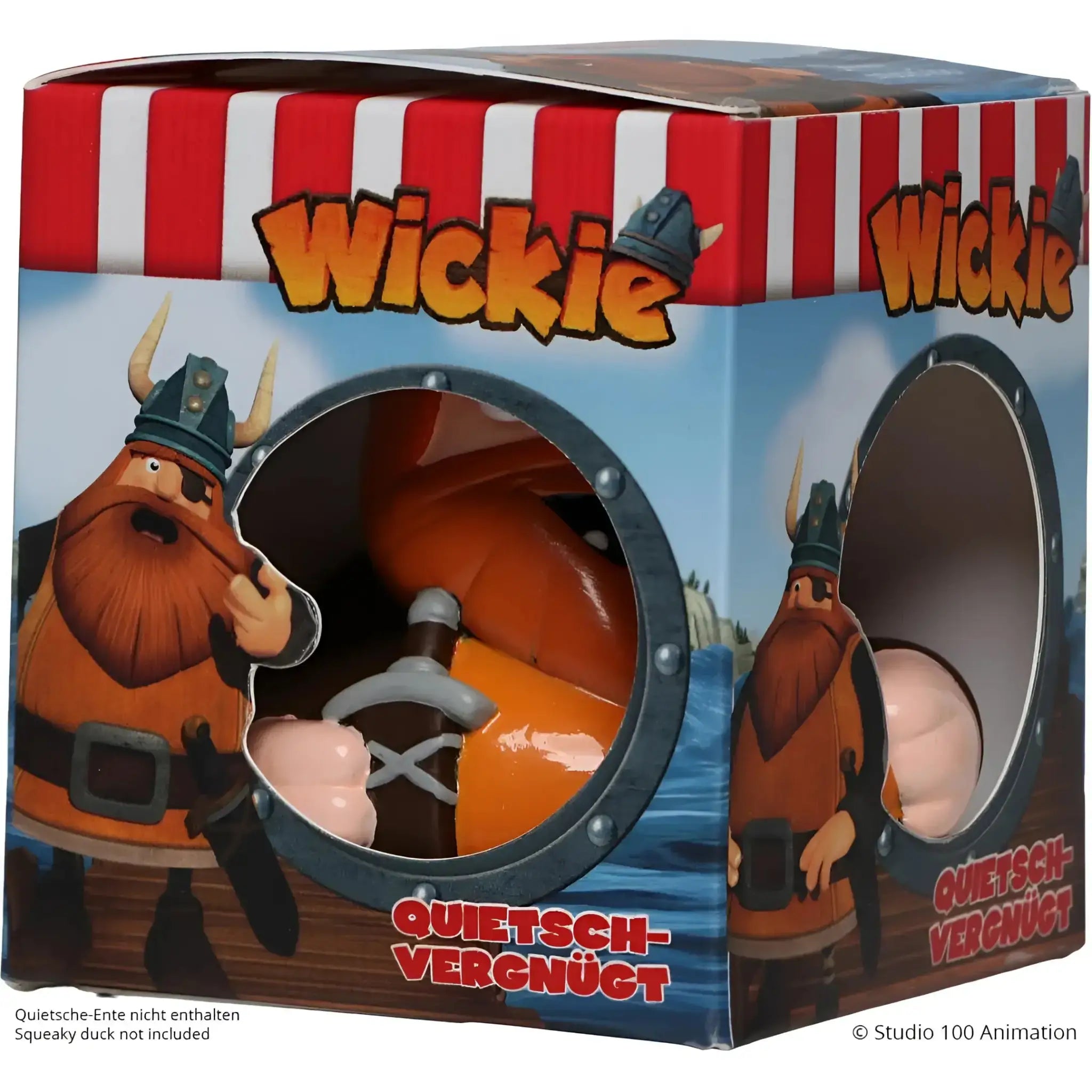 Orange plastik viking badeente mit blauem helm und braunem bart in rot-weiß gestreifter geschenkverpackung