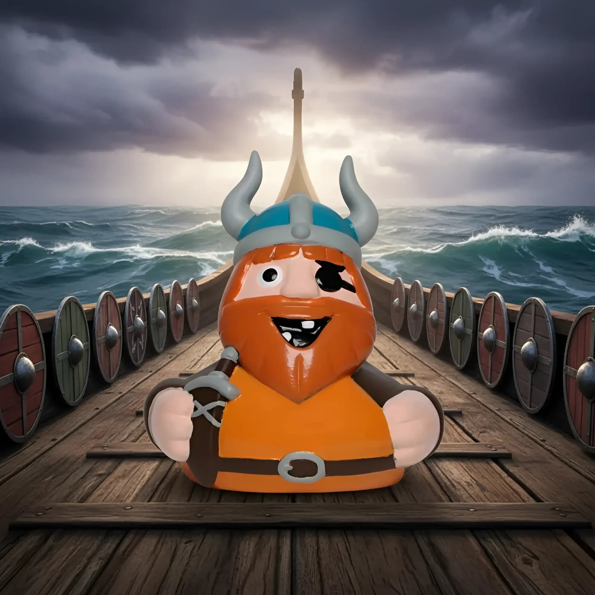 Orange gummienten badeente halvar von wickie mit blauem und grauem hornhelm braunem gürtel und schwert
