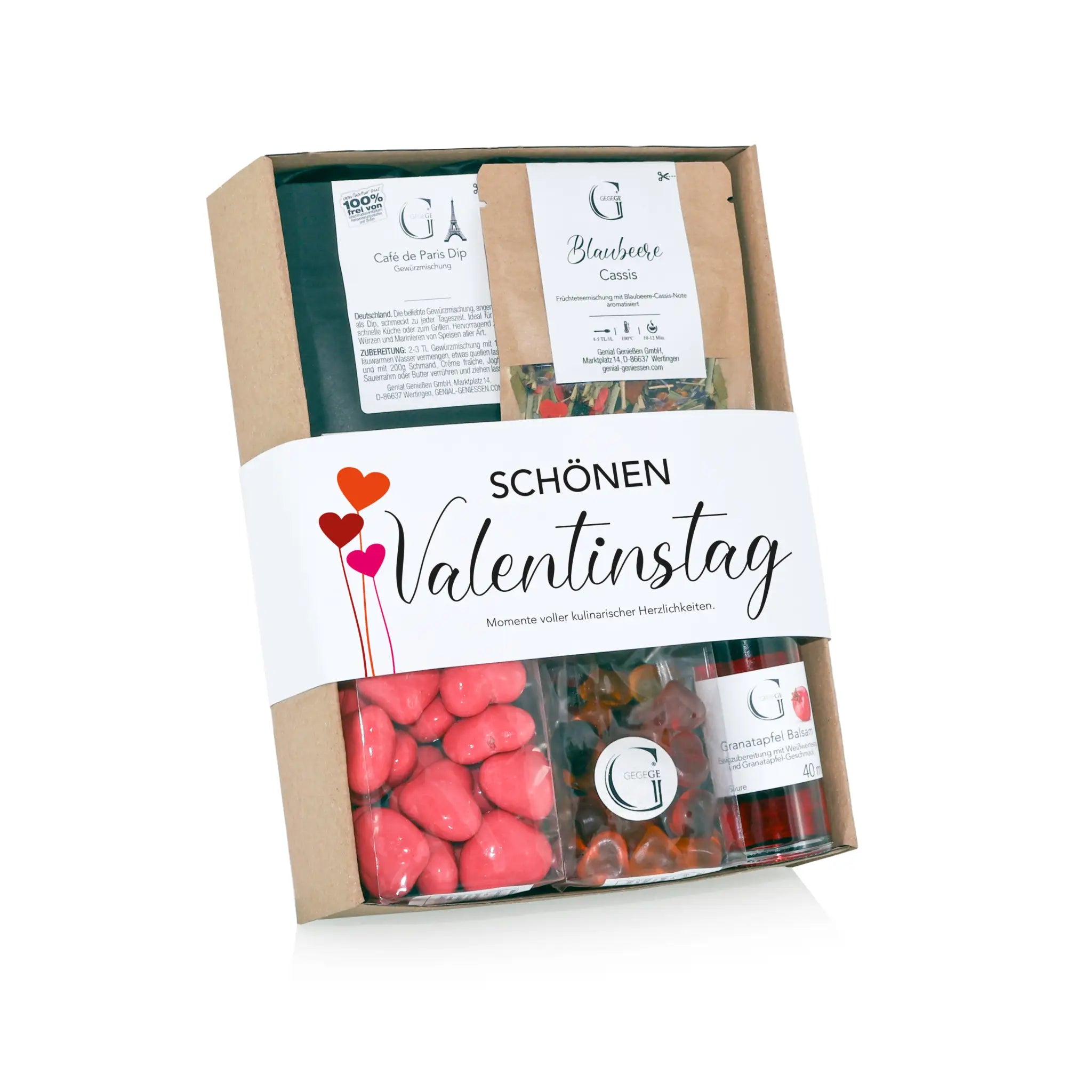 Ein schönes valentinstag geschenkset mit einer weißen etikette und roten herzen enthält schokolade gummies und marmelade im präsentkorb