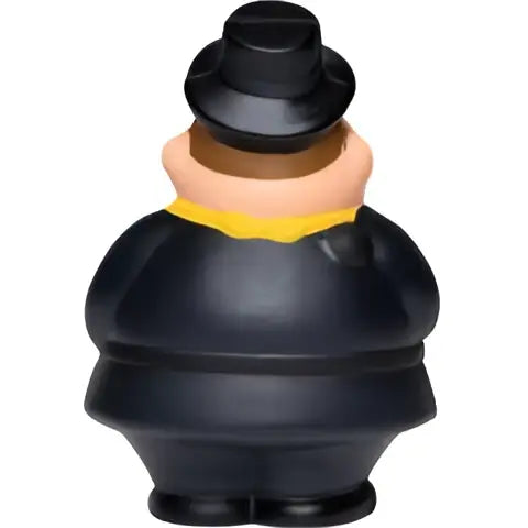 Schwarze kunststofffigur schornsteinfeger bert® mit schwarzem zylinder und gelbem kragen aus nahaufnahme